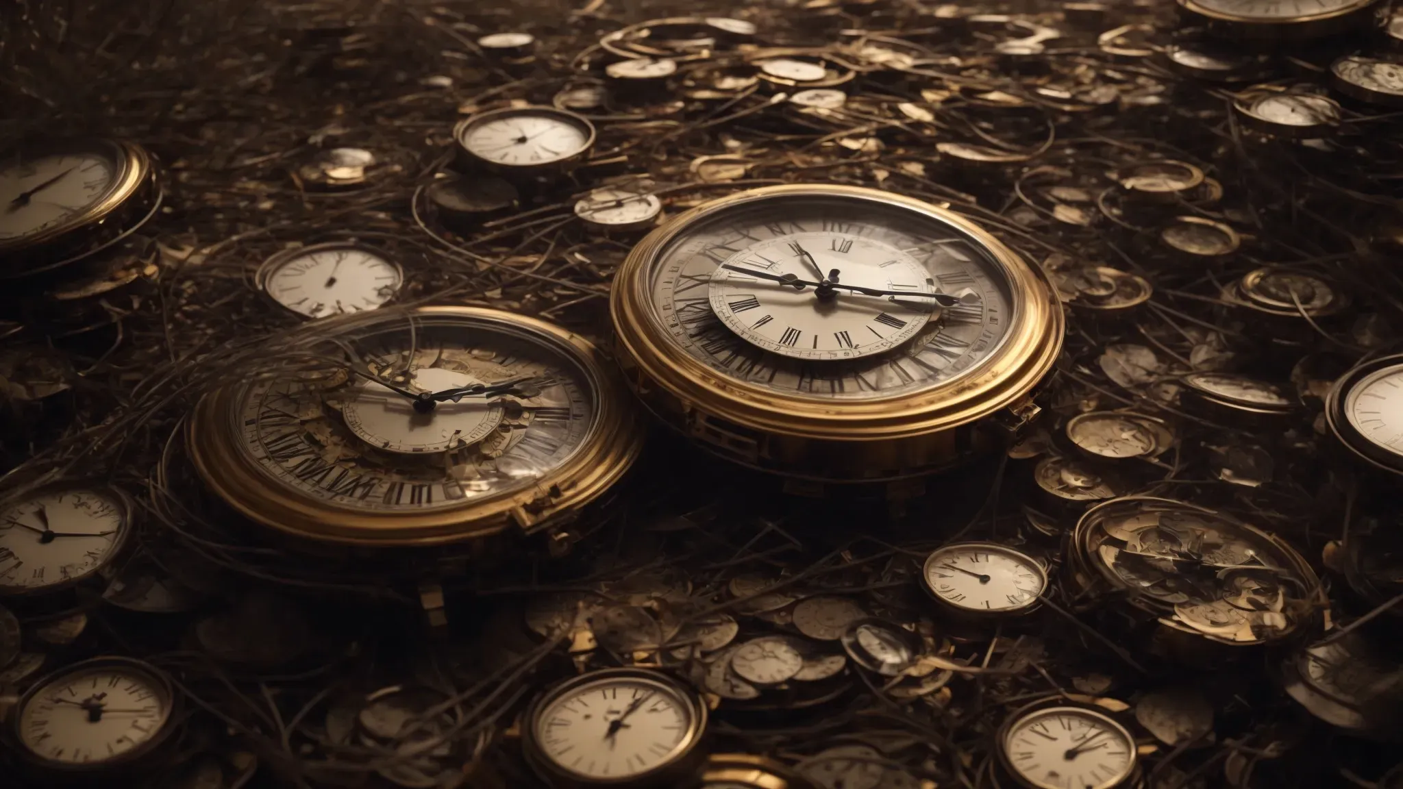 a labyrinth of clocks moving in reverse amidst a chaotic backdrop where shattered fragments hover, defying gravity.