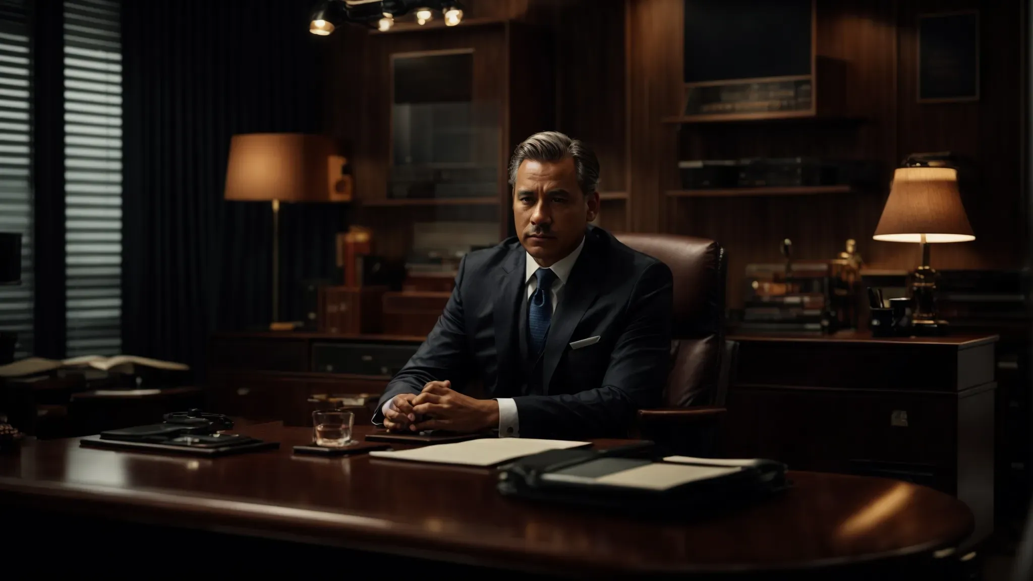 a dimly lit office with a powerful man sitting behind a desk, surrounded by dark wood and leather furnishings.