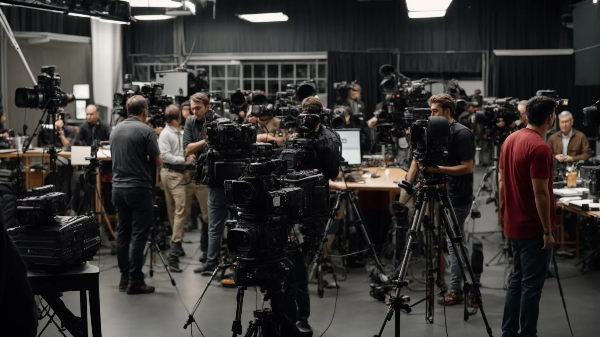 camera crews and directors actively engage in a bustling atlanta studio, surrounded by the latest filmmaking equipment.