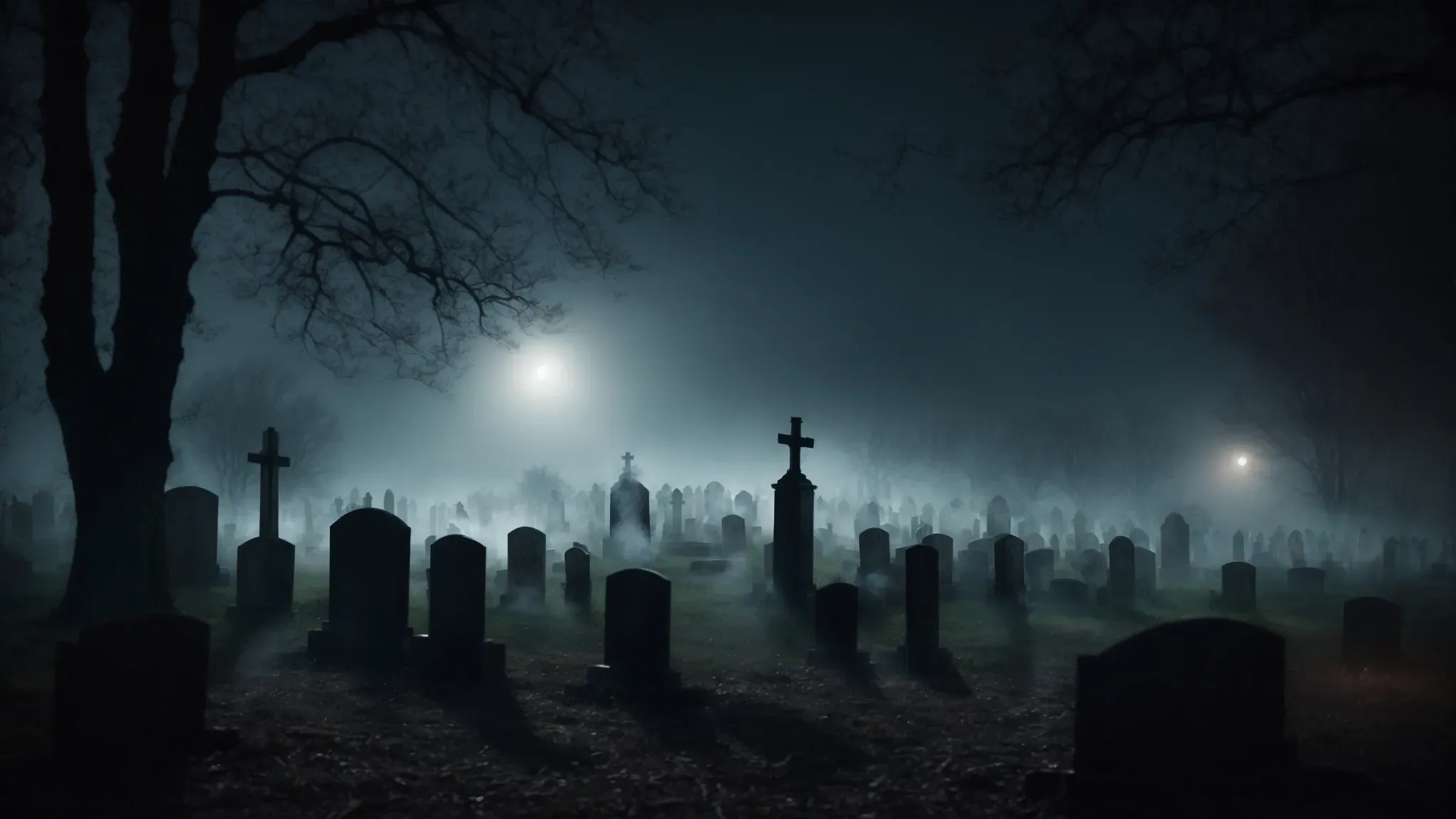a misty graveyard bathed in moonlight, with shadows hinting at lurking figures.