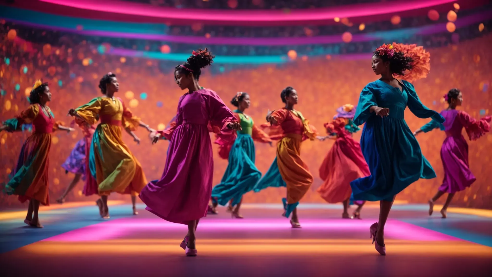 a screen displaying vibrant animated figures dancing in sync with a visually striking, colorful backdrop that pulses in harmony with the music.