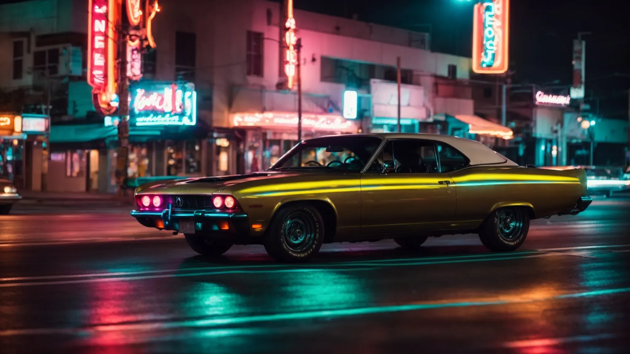a car speeds through the illuminated streets of los angeles at night, neon signs casting vibrant glows on its sleek surface.