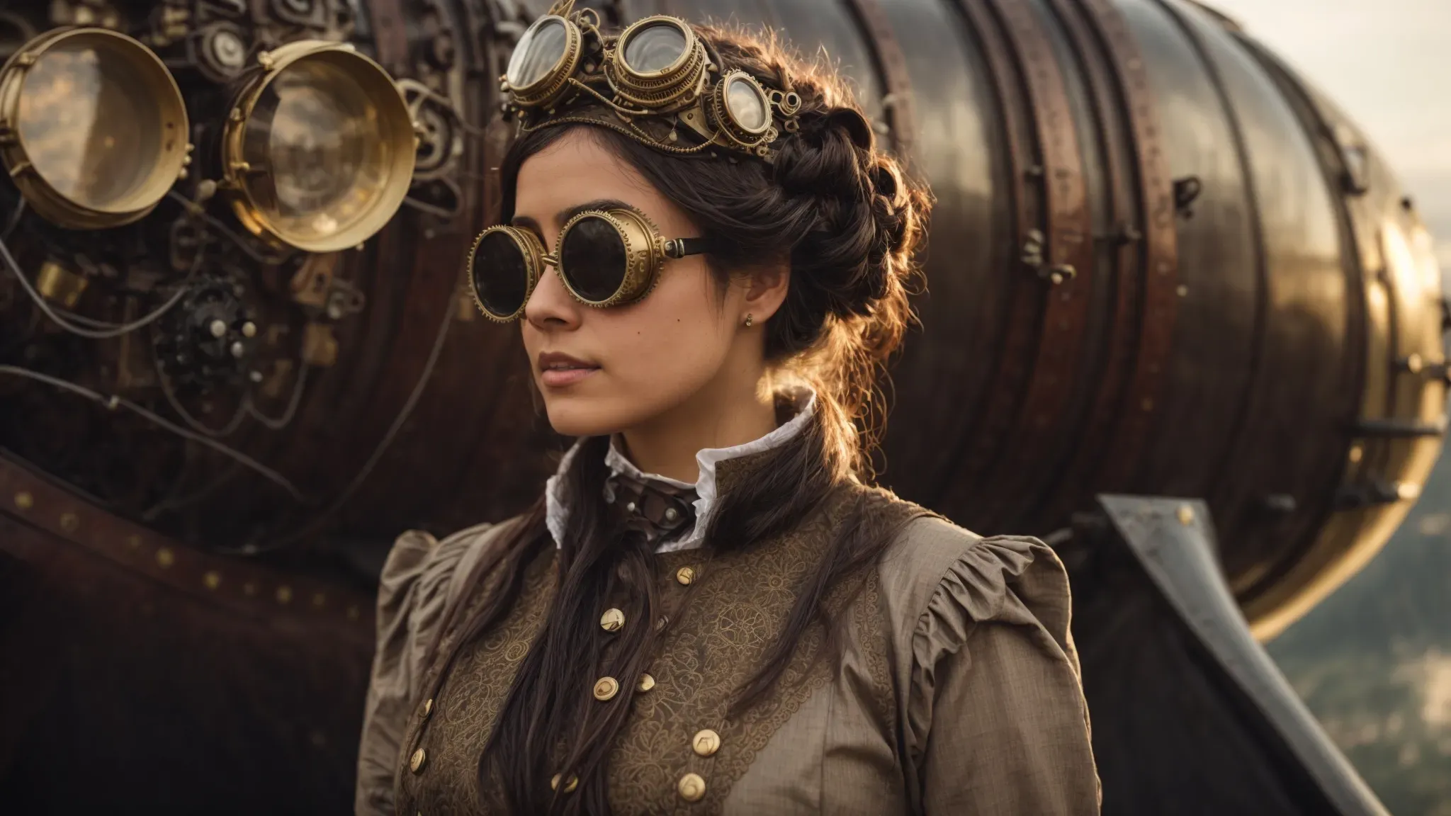 a woman in victorian attire adorned with gears and brass goggles stands beside a brass-clad airship, embodiment of the steampunk fusion of past and future.