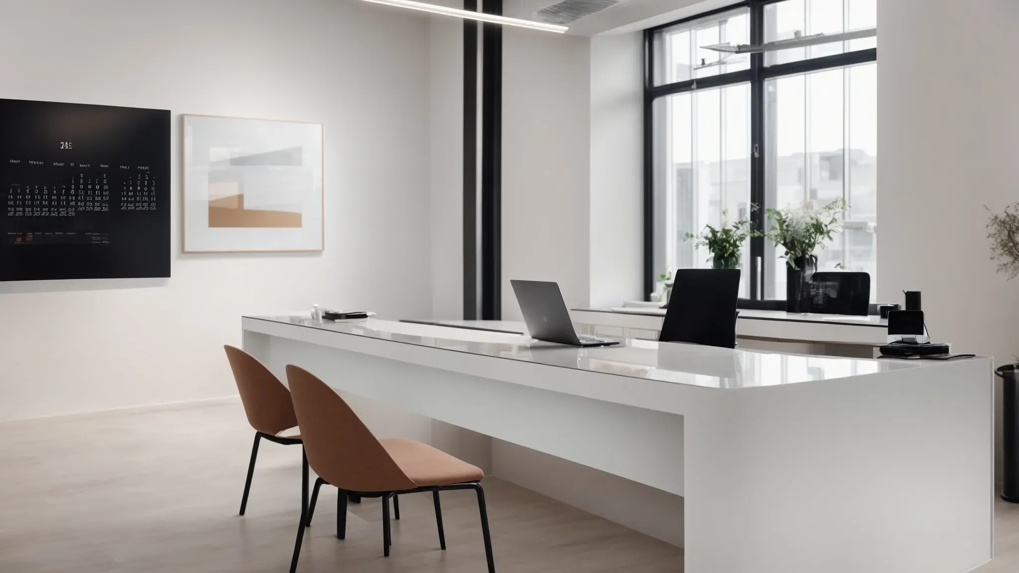 a sleek, modern reception area of a photo studio with a digital booking calendar clearly visible on a minimalistic desk, ready for scheduling sessions.