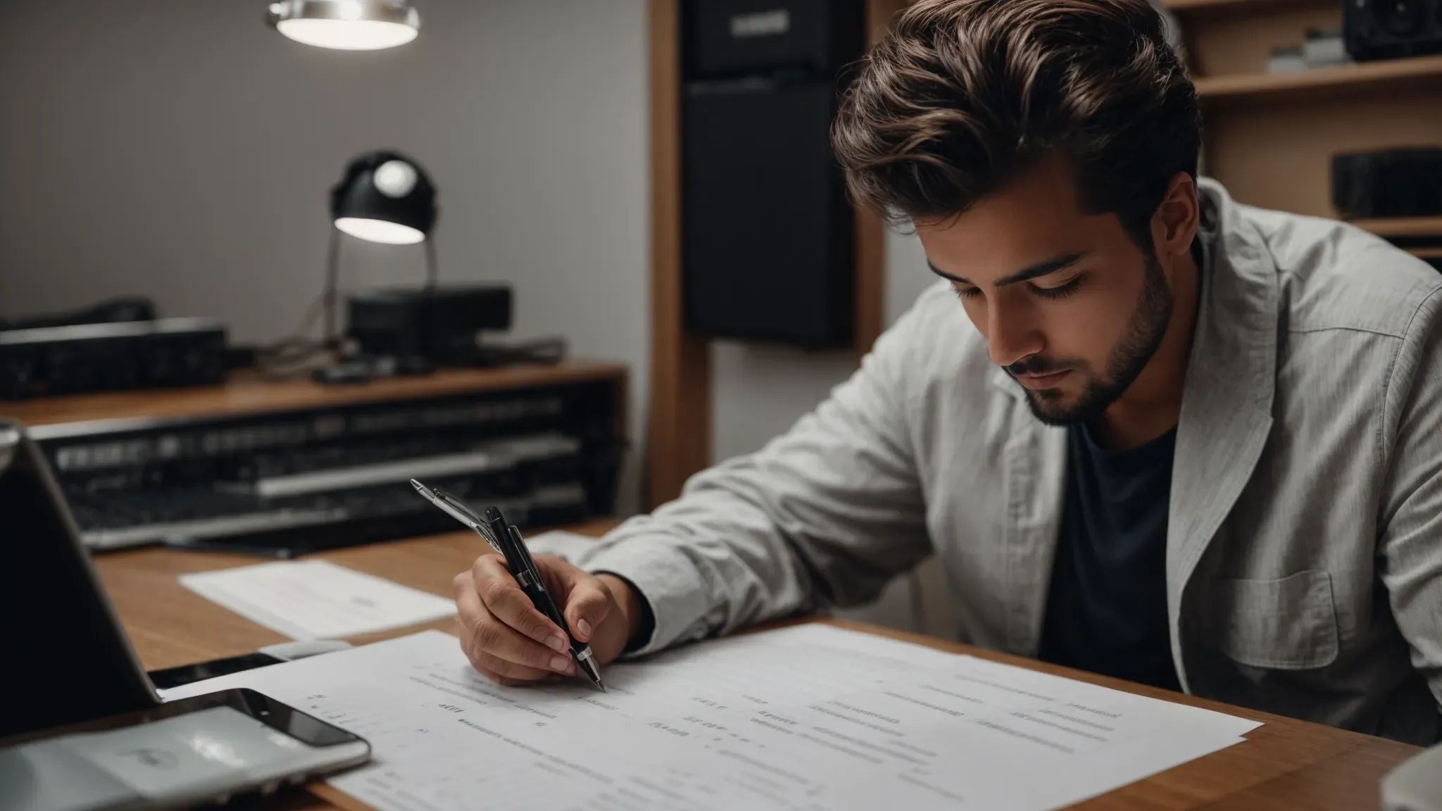 a director reviews a budget spreadsheet in front of a storyboard for a music video on a production studio’s desk.