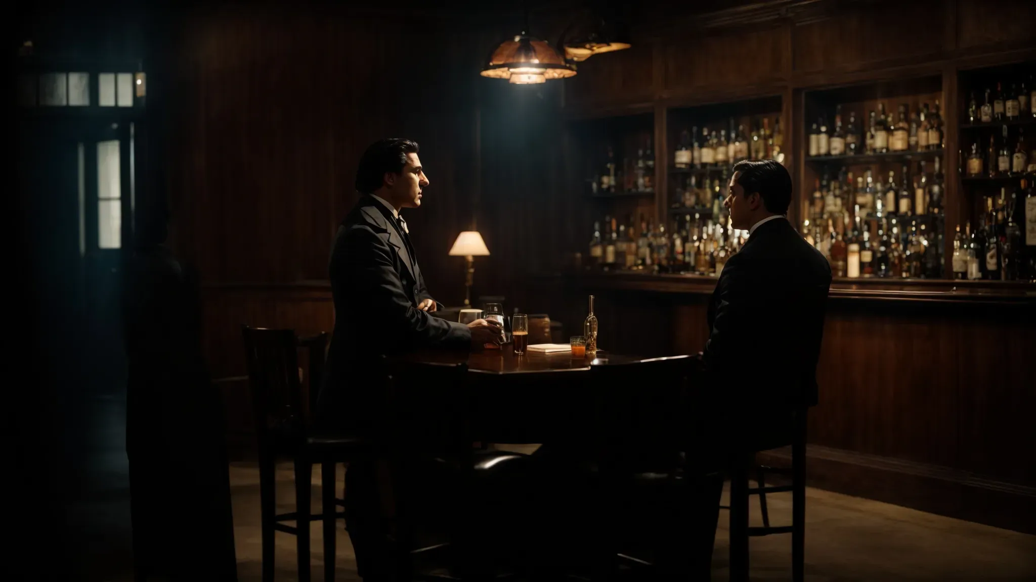 a dimly lit room where two men in period attire engage in a tense, seated discussion, with a vintage bar and shadows suggesting a secretive underworld meeting.