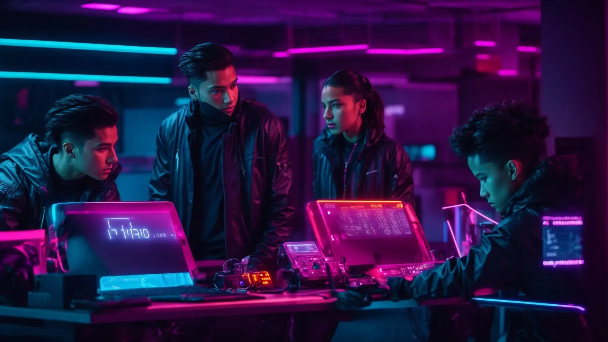 a team of sleek, modern thieves surrounded by high-tech equipment plans a cyber-heist in a neon-lit room.