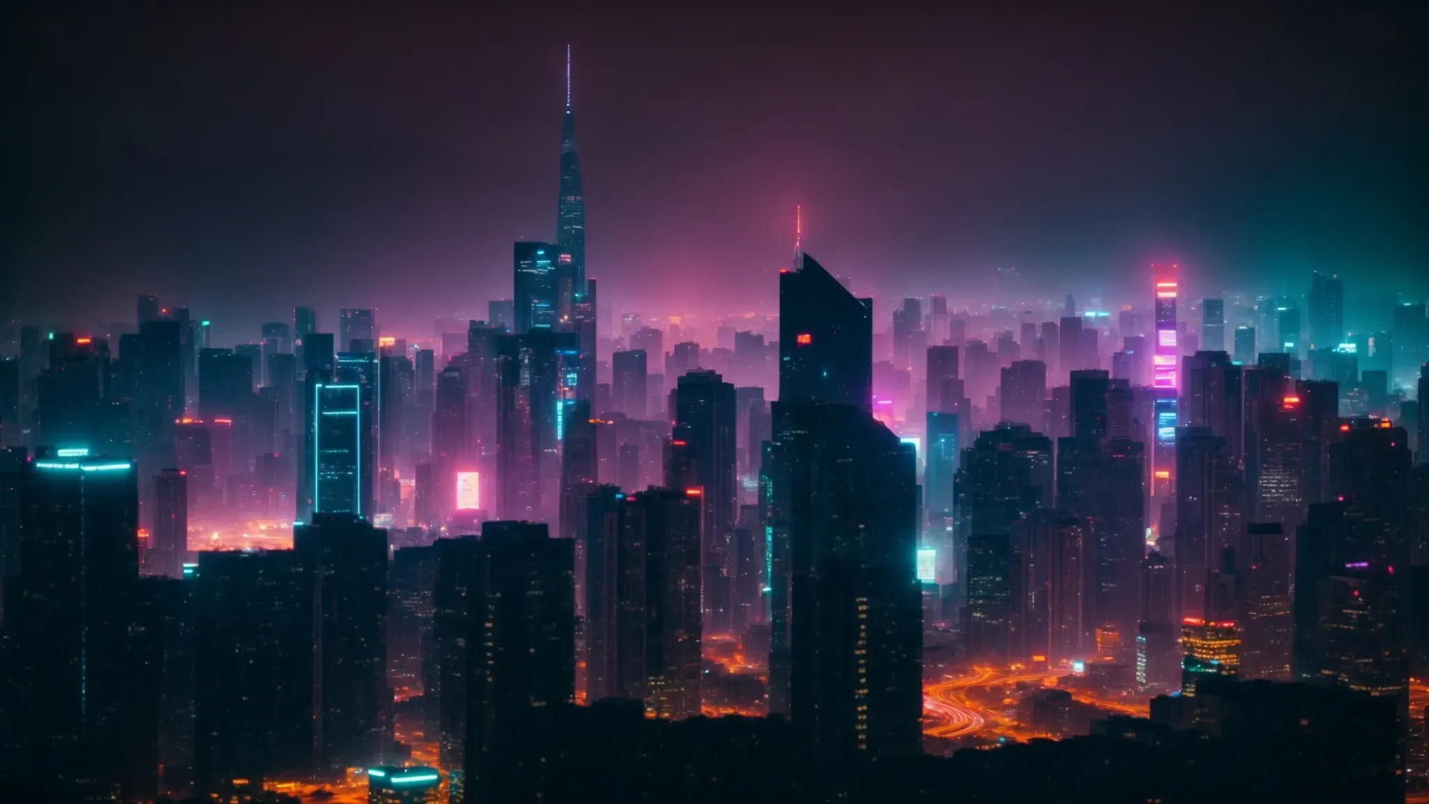 a skyline at night, punctuated by the neon glow of futuristic skyscrapers under a dark, cyberpunk-inspired cityscape.