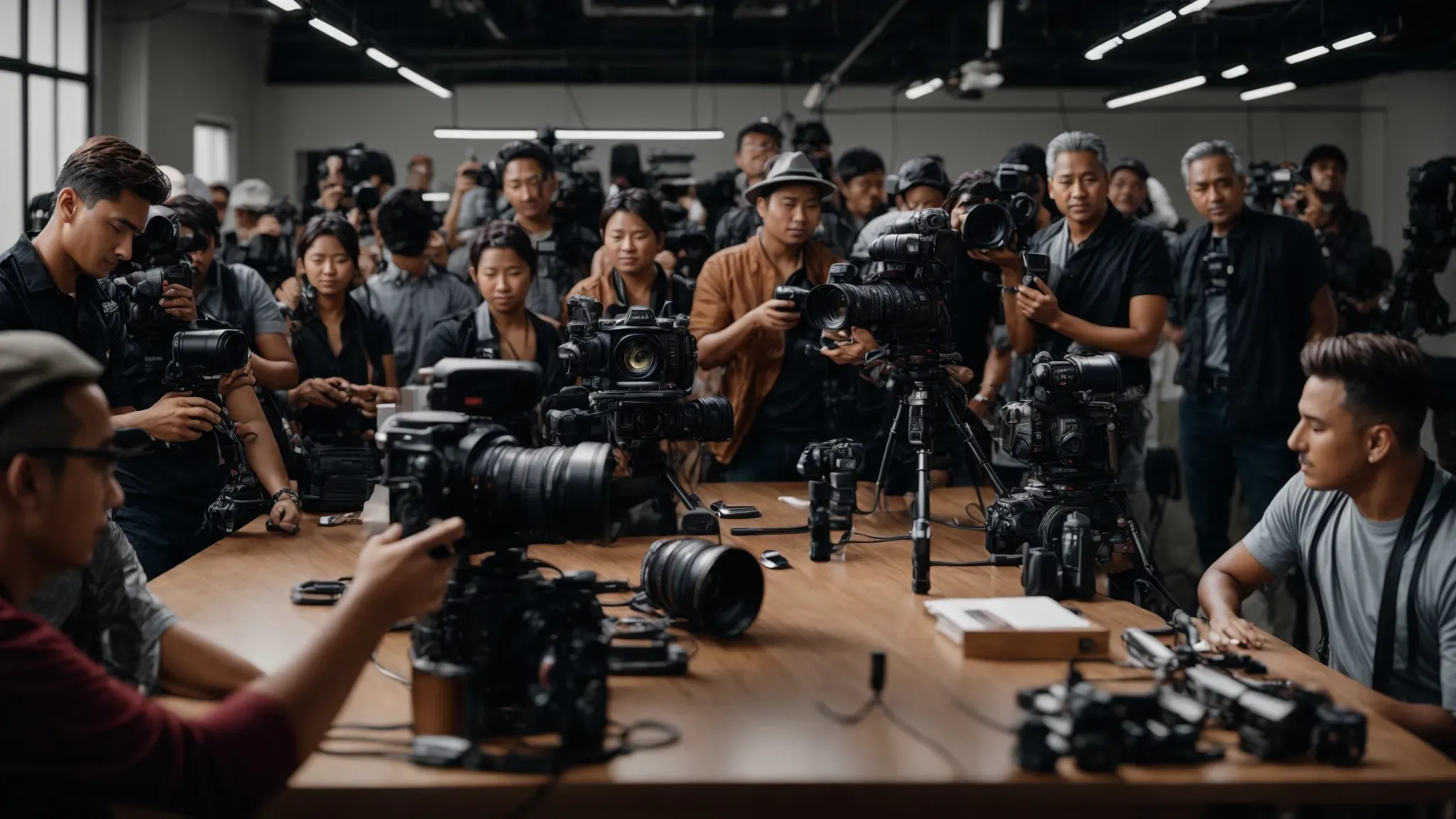 a group of photographers engaged in a lively workshop, sharing insights and equipment.