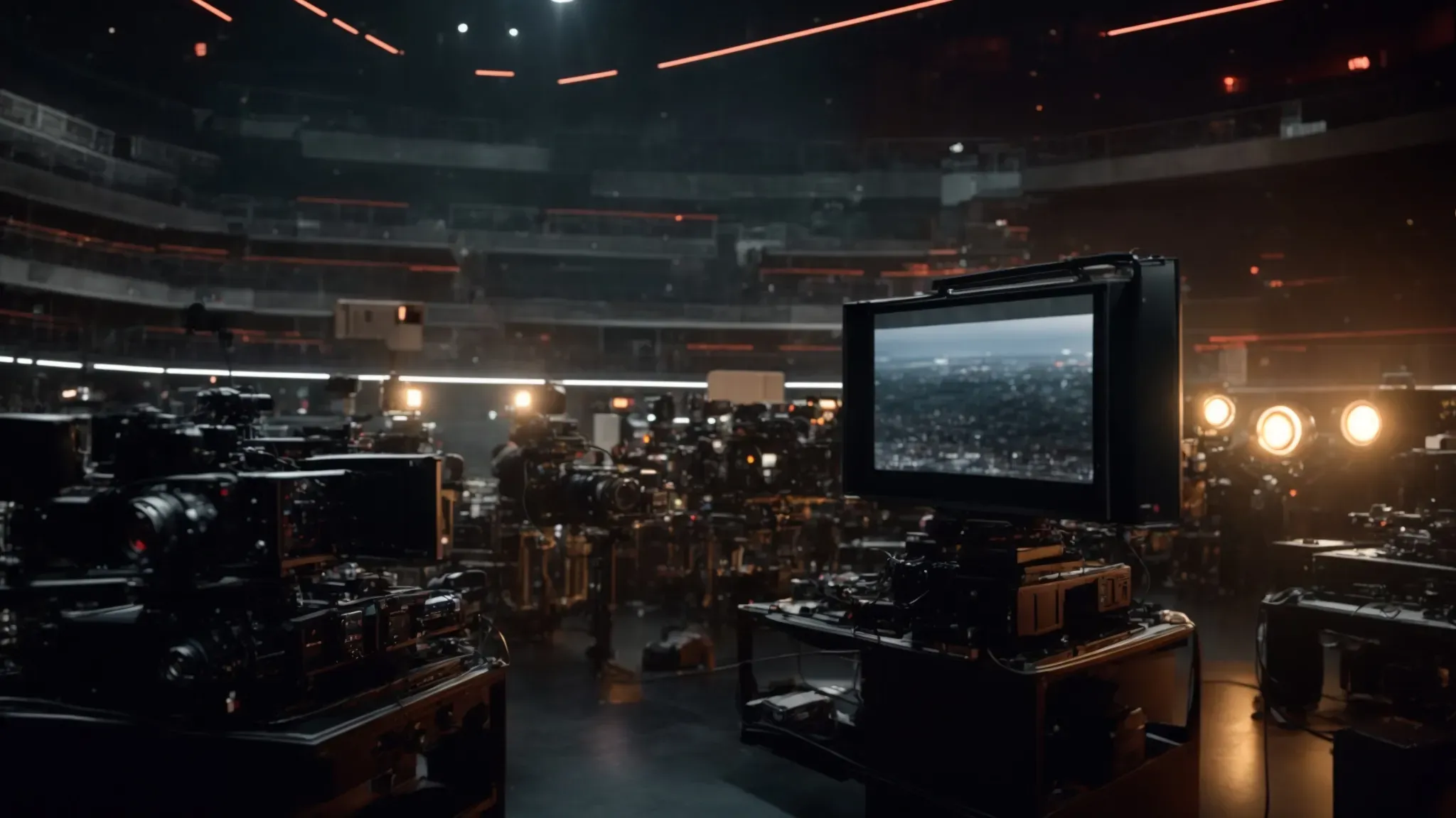 a filmmaker stands before a vast, technologically advanced film set, where futuristic screens and cameras hint at the next era of cinema.