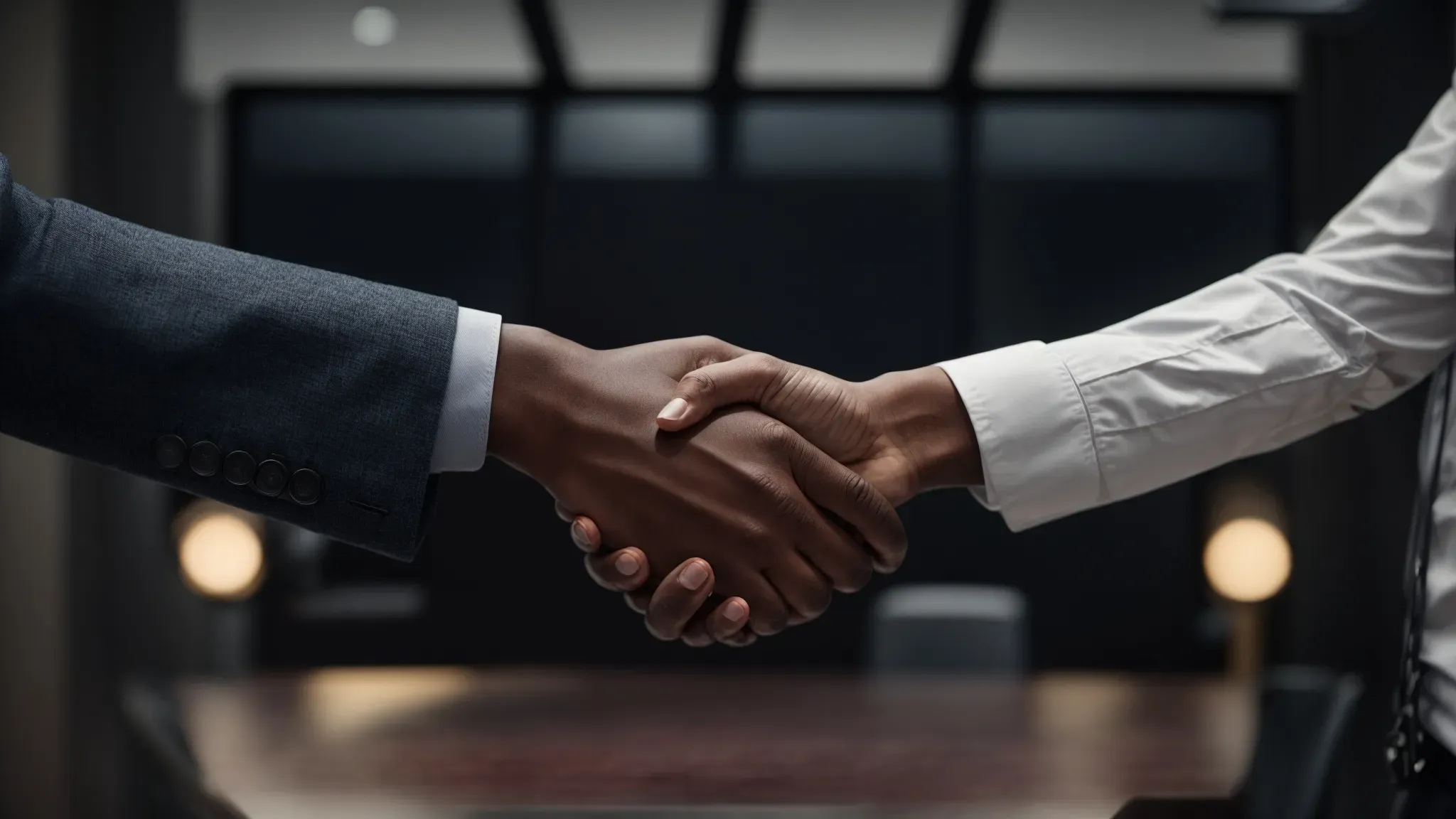 a professional handshake between two individuals in a high-tech office or studio, symbolizing the start of a secure partnership.