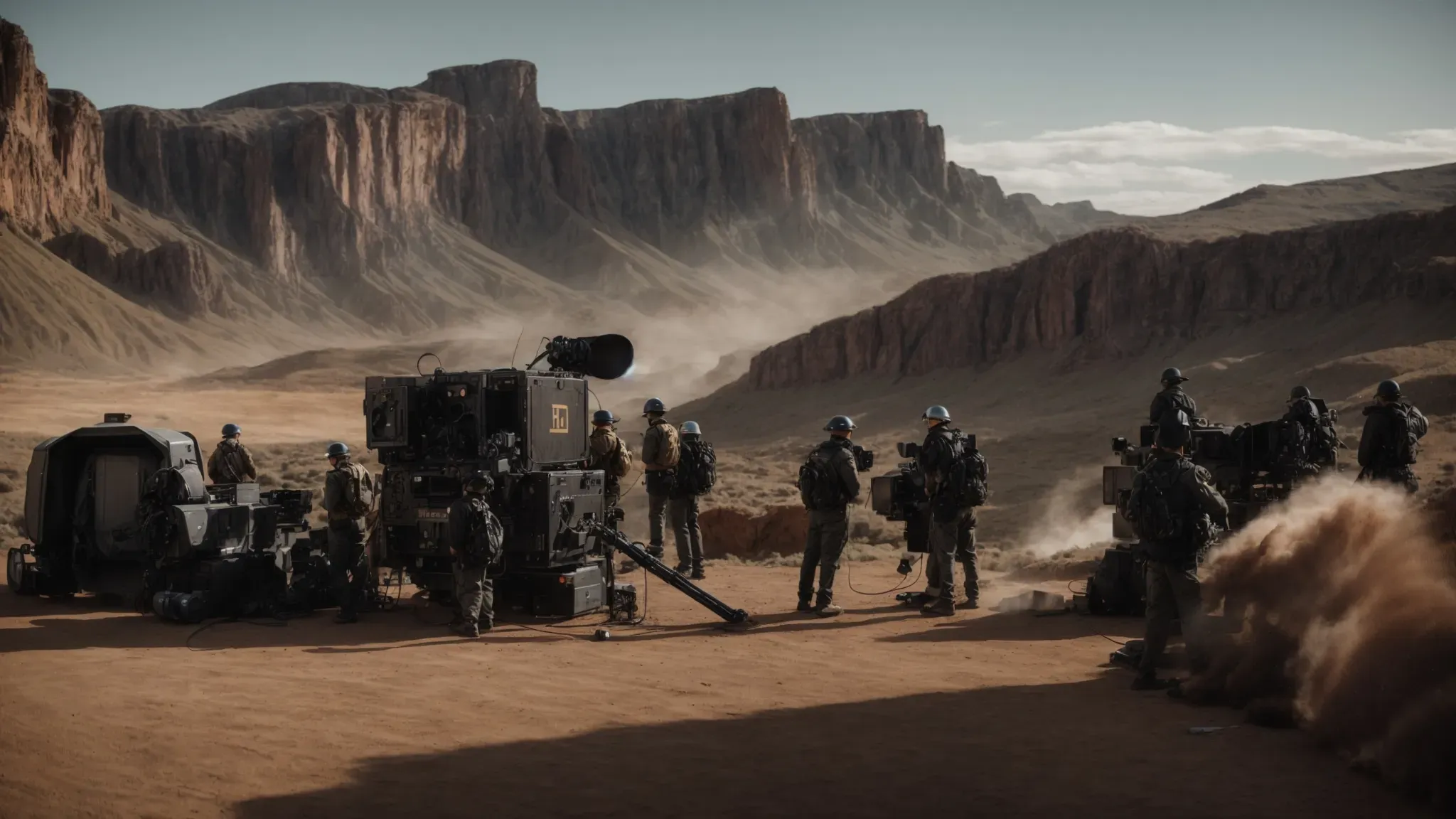 a lavish film set flooded with cutting-edge equipment and a bustling crew against the backdrop of an epic landscape.