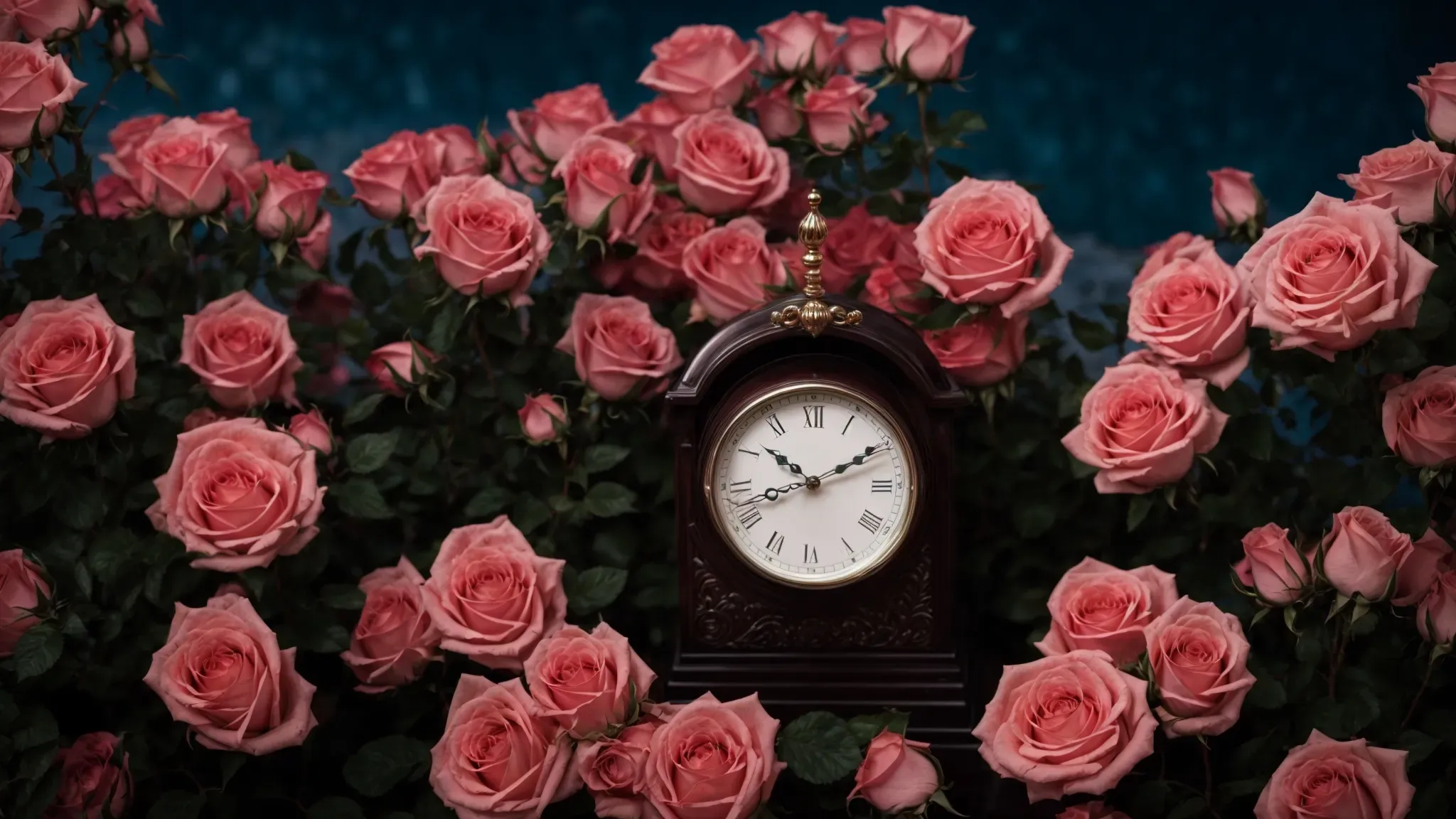 a timeless clock enshrined by blooming roses under moonlight.
