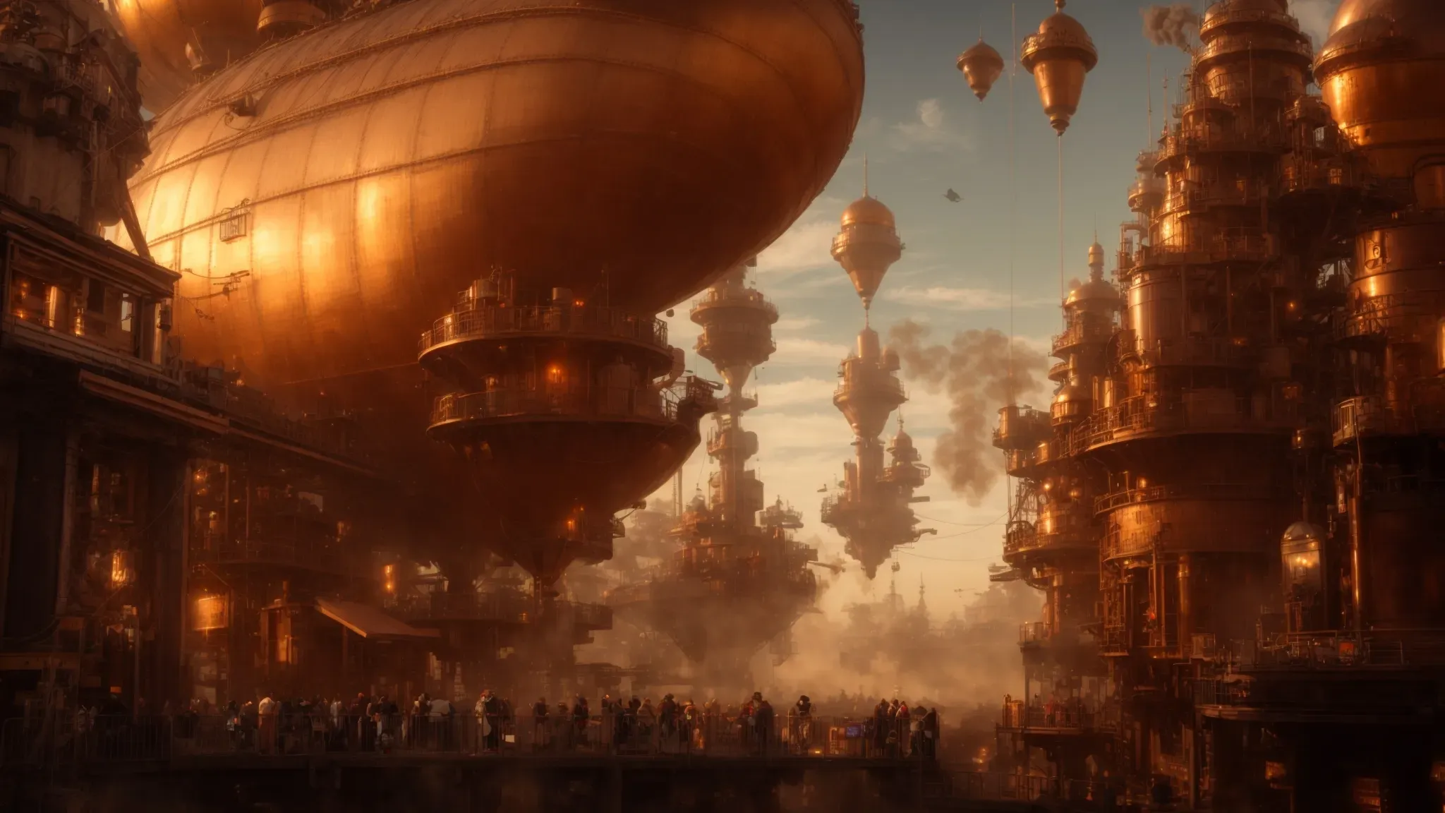 a grand clockwork cityscape under a gleaming copper sky, bustling with airships and adorned with gears and steam.