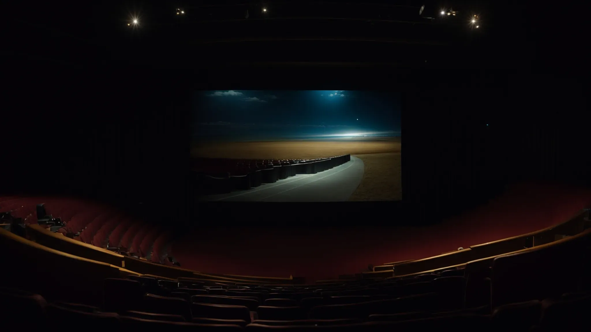a projector casting an expansive widescreen image onto a large cinema screen, captivating an unseen audience in a dark theater.