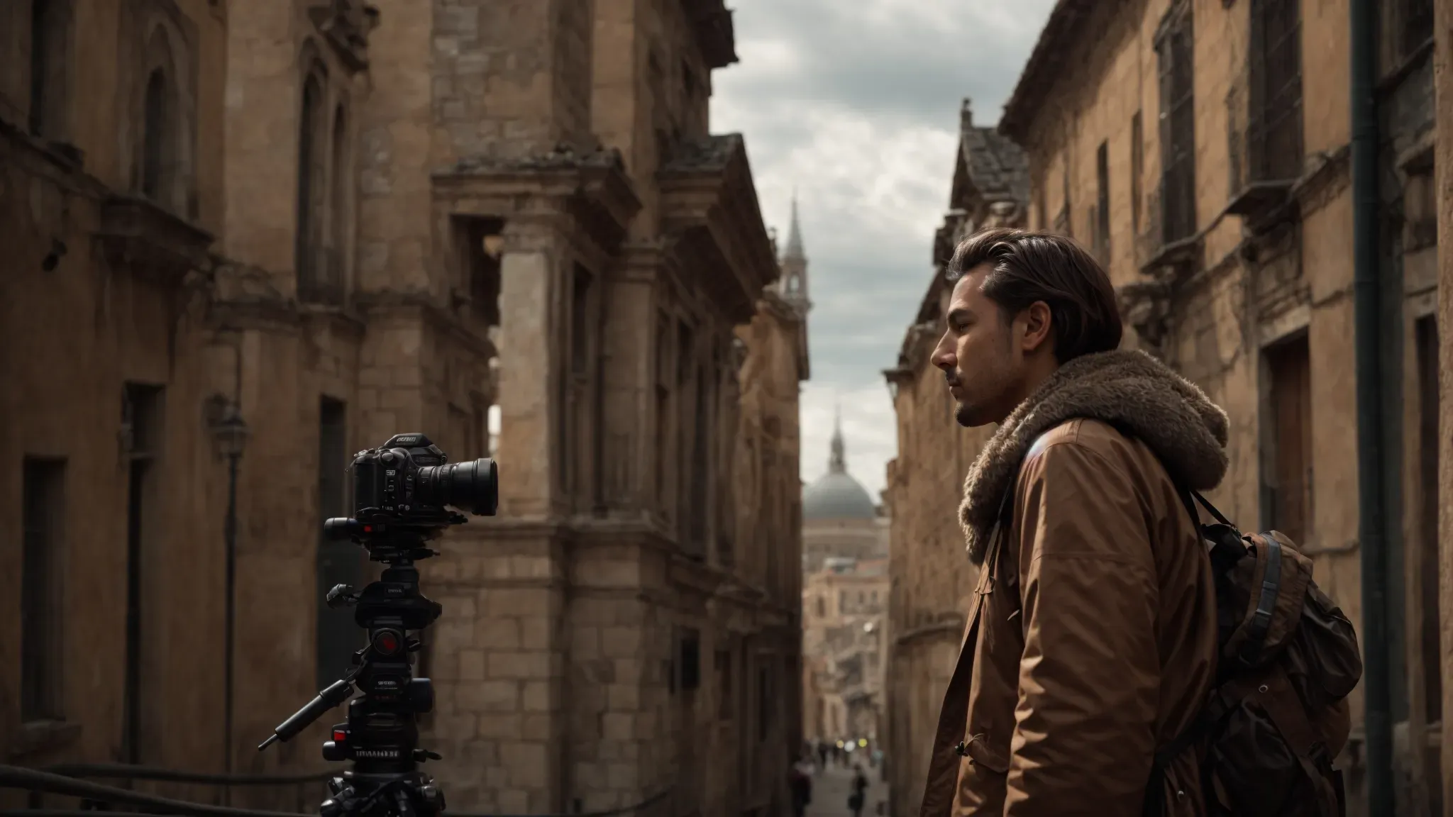 a filmmaker gazes thoughtfully into the distance, surrounded by historical landmarks, symbolizing the intertwining of personal journeys and cultural history in screenplay writing.