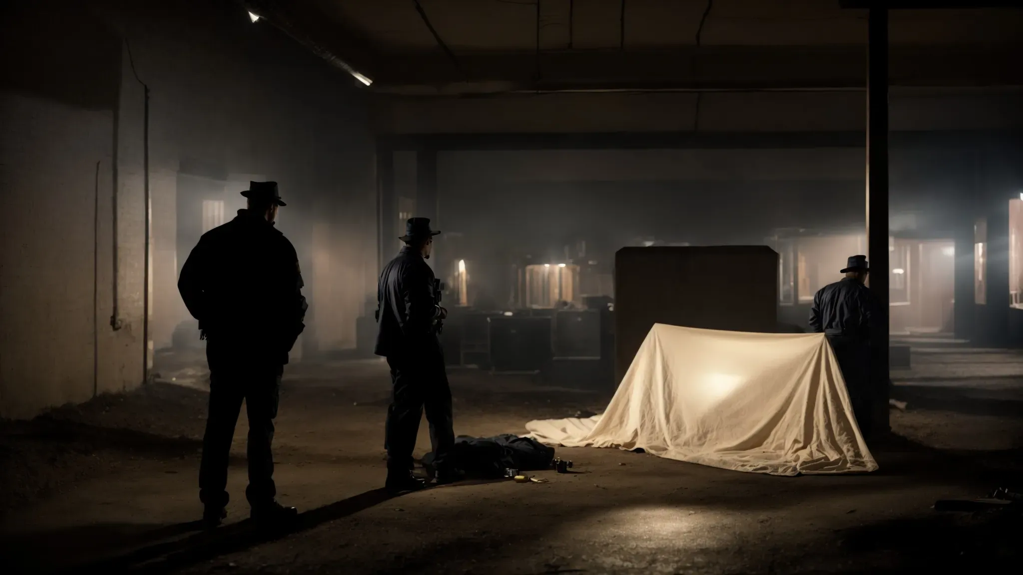 a dimly lit crime scene with detectives exploring clues under a blanket of shadows.