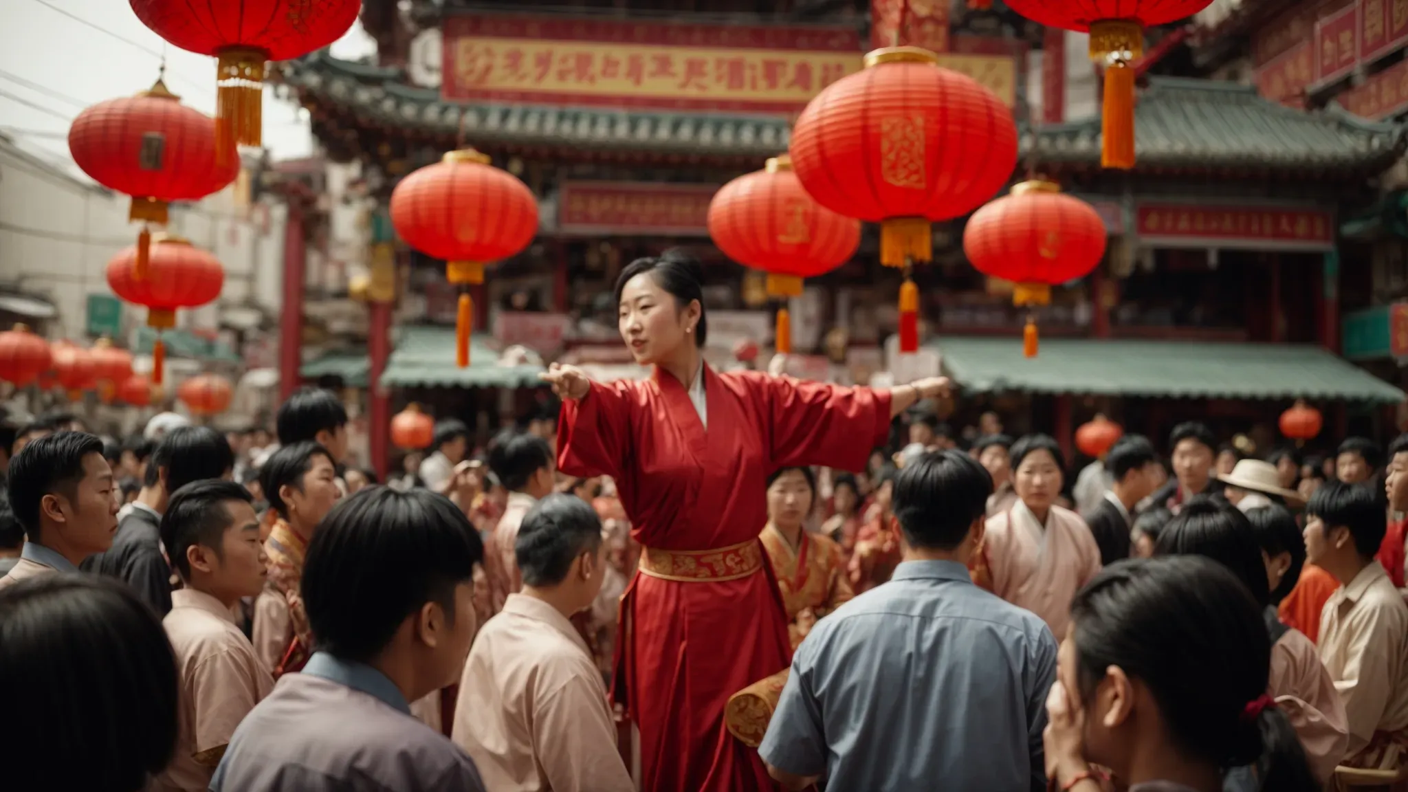 a captivating street performance in the lively streets of chinatown, with spectators gathering around traditional dancers under vibrant lanterns.