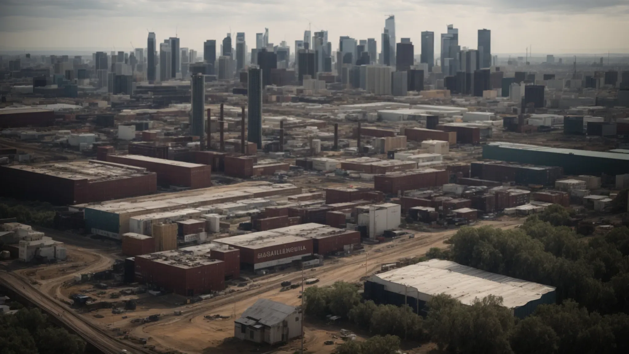 a broad cityscape transitions into an industrial area, symbolizing the diverse landscapes of opportunity and financial prospects for production managers.