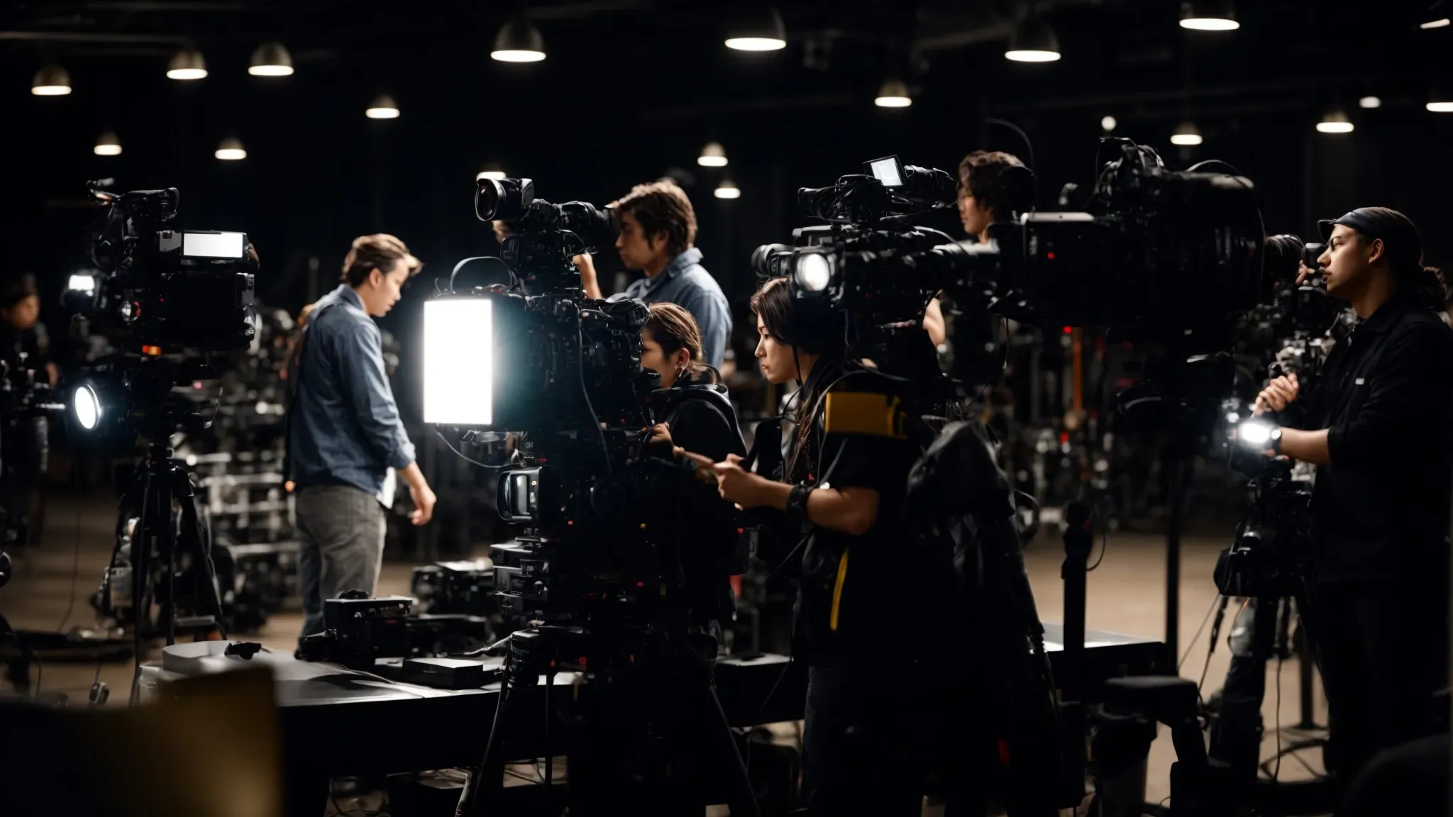 a camera crew directs a scene, capturing a company's vision under bright lights on a film set.