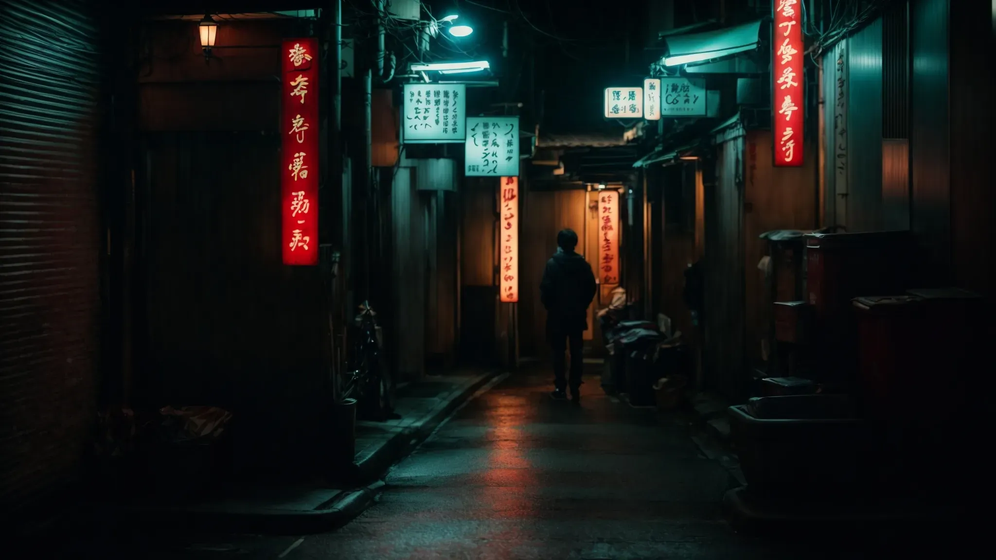 a dimly lit alleyway in tokyo, eerily quiet, with a lone figure silhouetted against the faint glow of neon signs, hinting at unseen horrors lurking just out of sight.