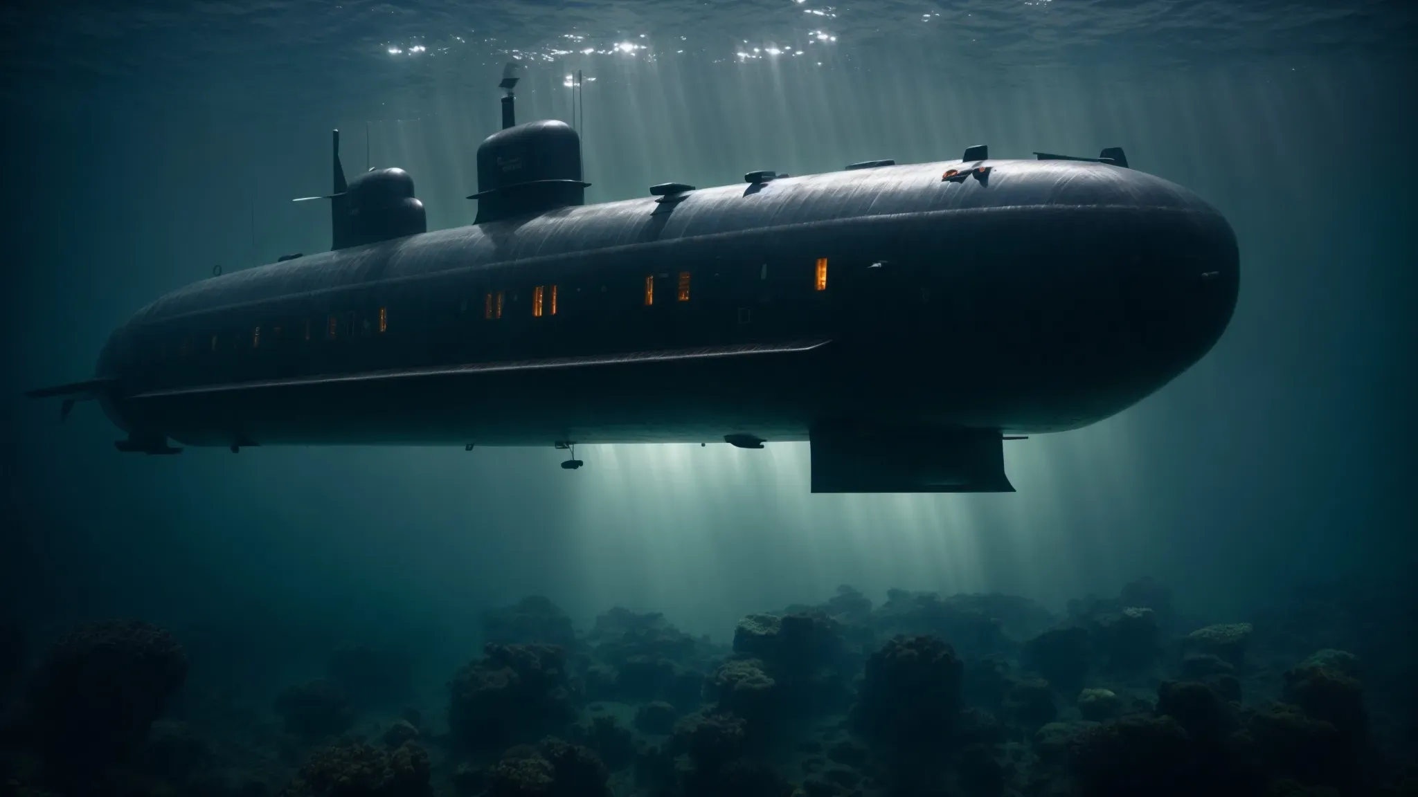 a submarine illuminates the dark, mysterious depths of the ocean.