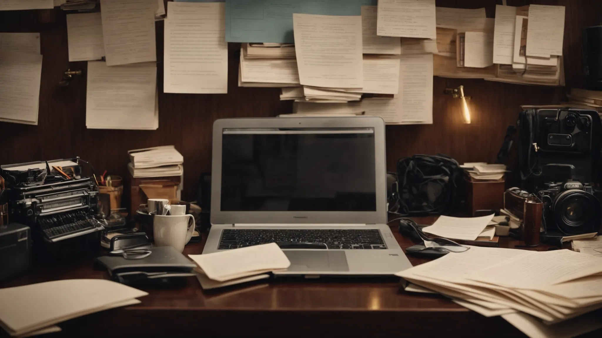 a person sits at a cluttered desk, surrounded by various movie scripts and a laptop open to a scriptwriting program, deeply focused on analyzing a screenplay.