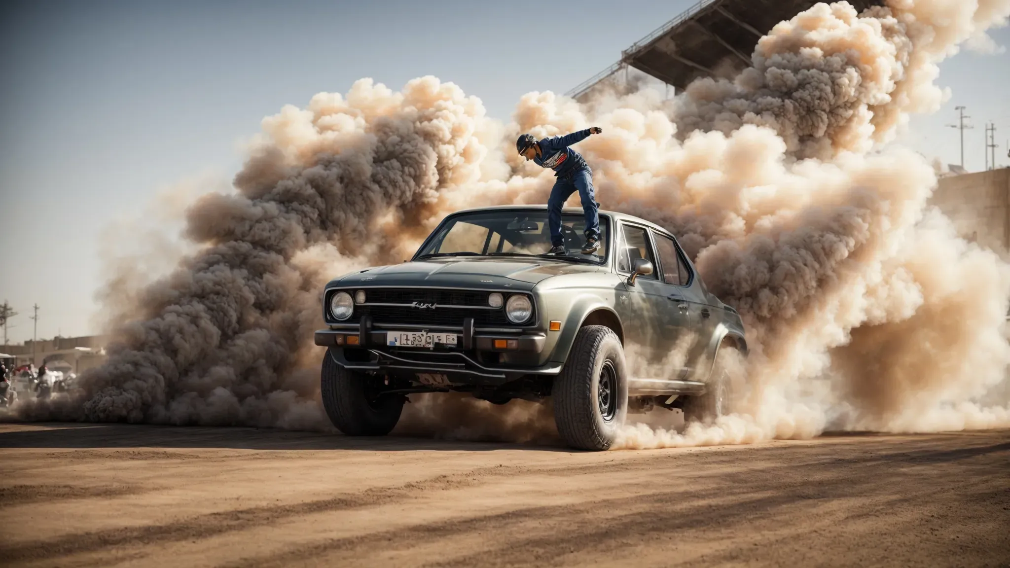 a stunt driver executes a high-speed jump over a ramp amidst a controlled explosive scene on a film set.