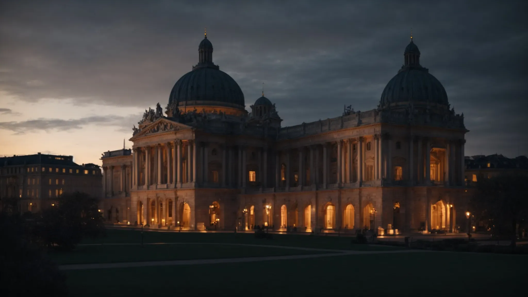 a panoramic view of a serene european city at dusk, with the silhouette of a grand, historic building that could house an esteemed film school, standing majestically against a backdrop of the setting sun.
