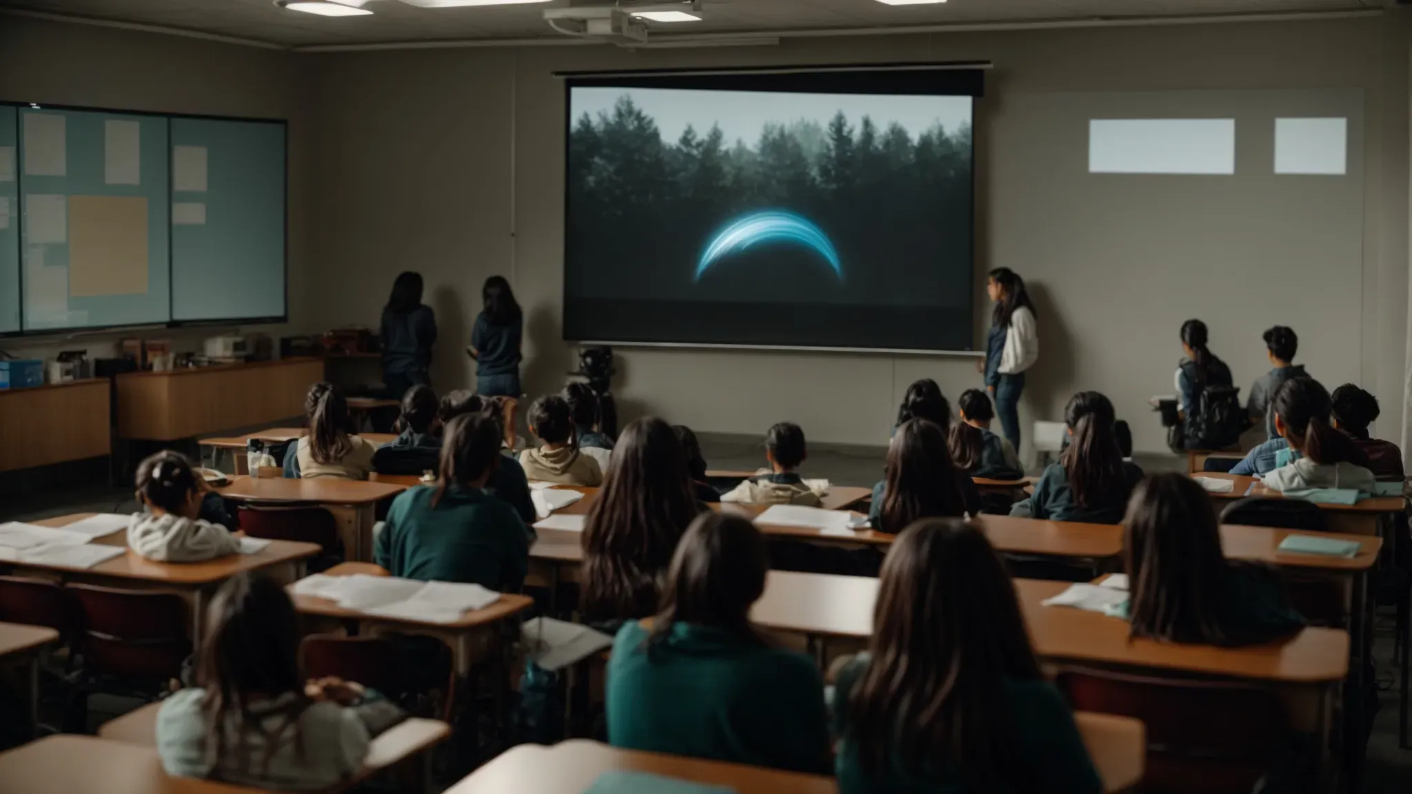 a dimly lit classroom with a projector screen displaying vibrant cinematography scenes, as a diverse group of students attentively watches.