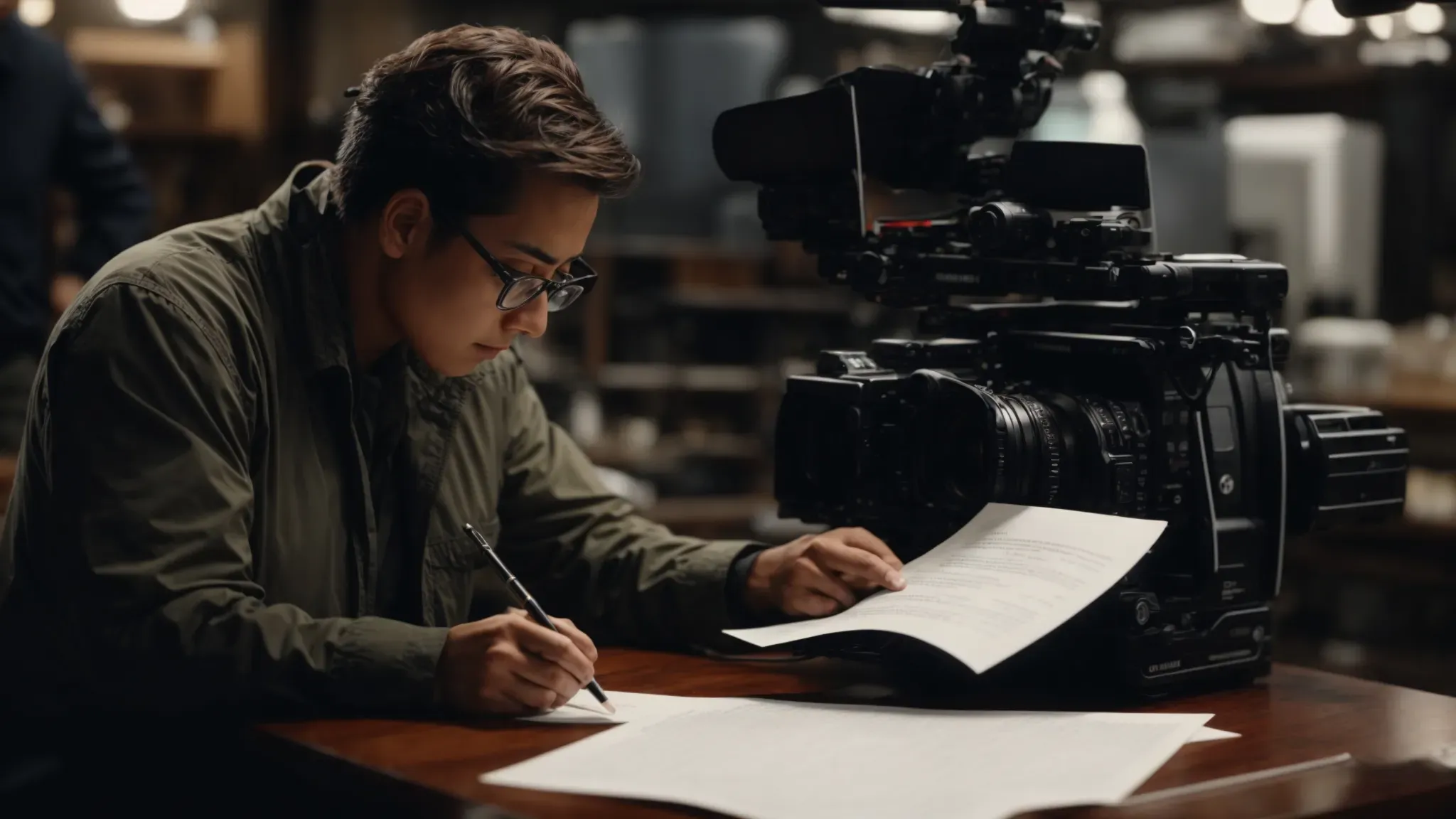 a filmmaker meticulously examines script supervisor forms beside a camera on a film set, ensuring every scene aligns with the screenplay.