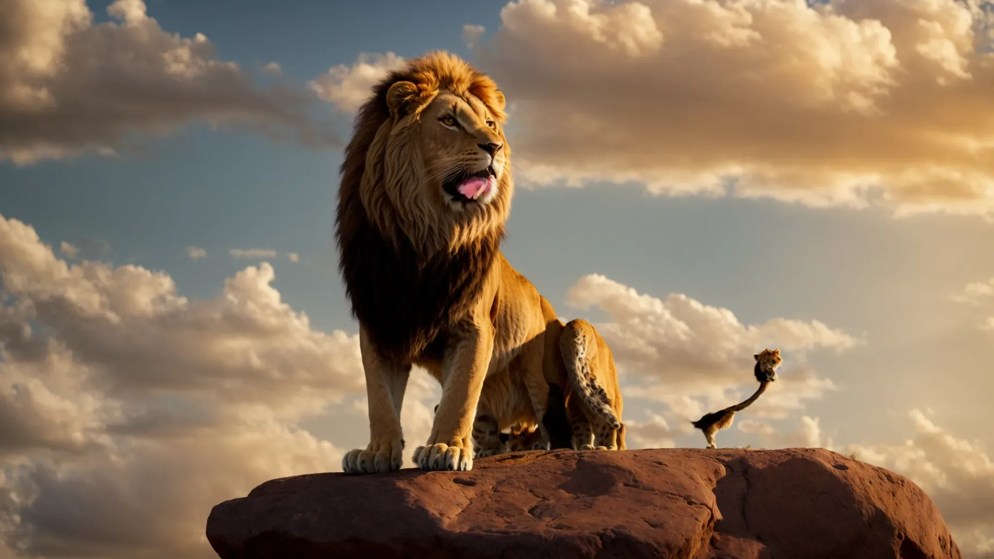 a vibrant scene of simba standing on pride rock under a vast, sunlit sky, encapsulating the spirit of 'the lion king'.