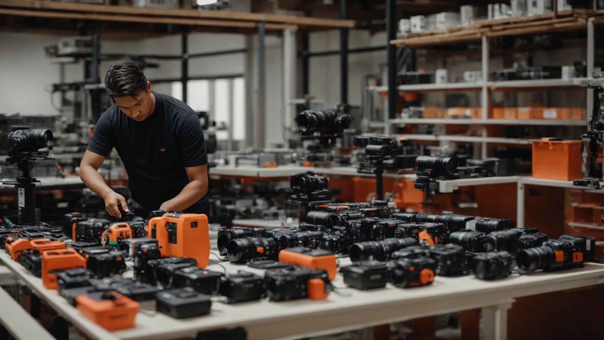 a researcher setting up an array of cameras to capture a 3d space for nerf processing.