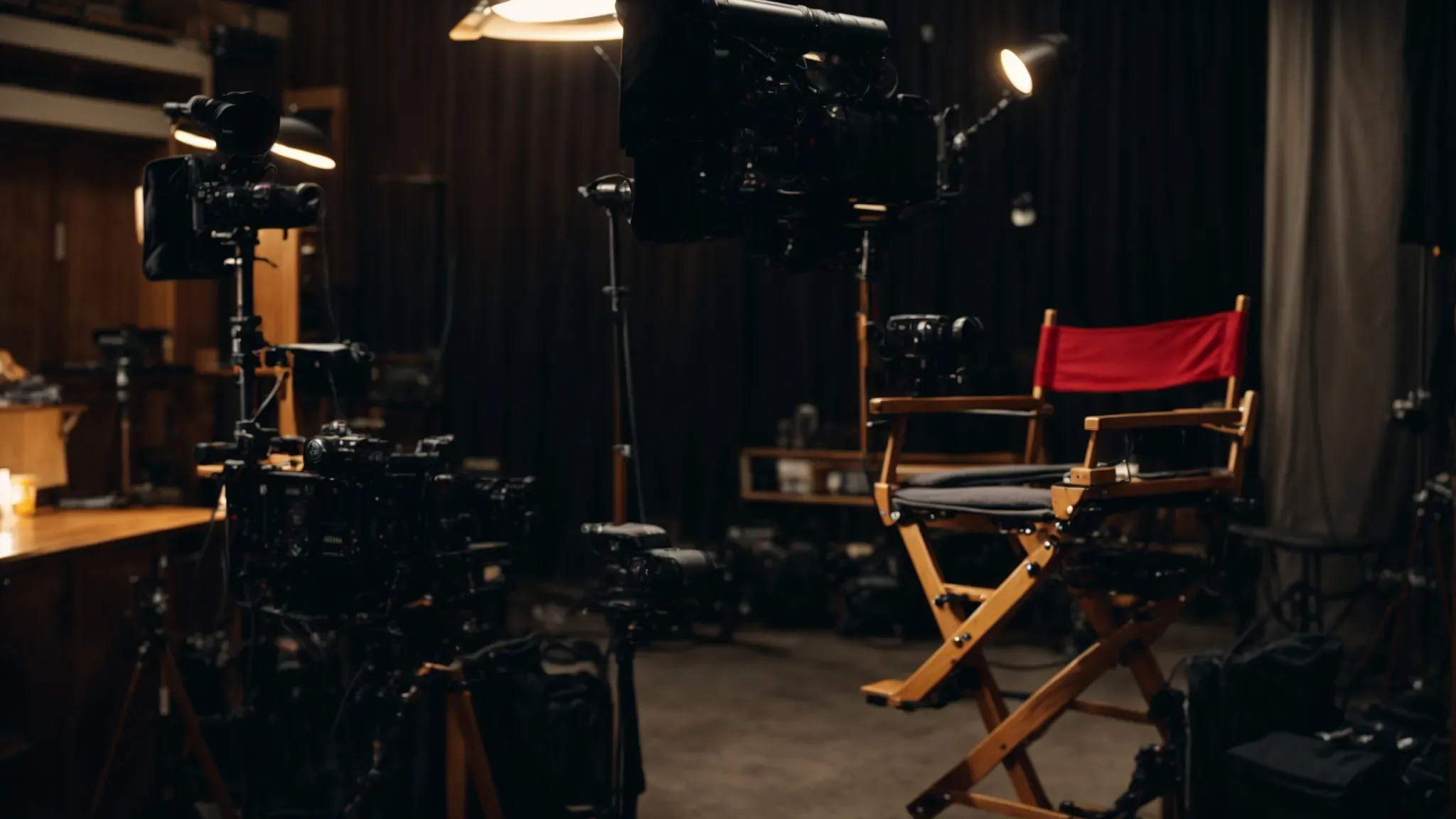 a director's chair with a clapperboard next to it, overlooking a bustling film set with lights and camera equipment.