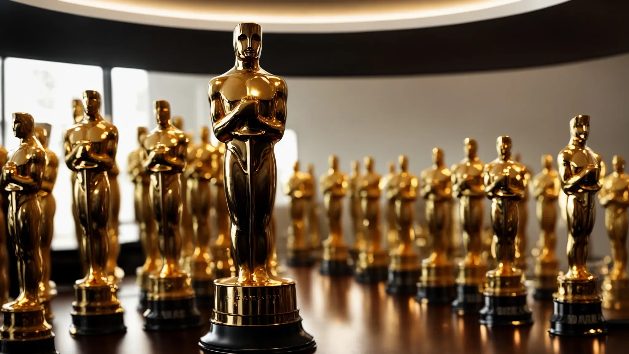 a gleaming oscar statuette spotlighted on a pedestal with multiple award trophies subtly arranged in the background.