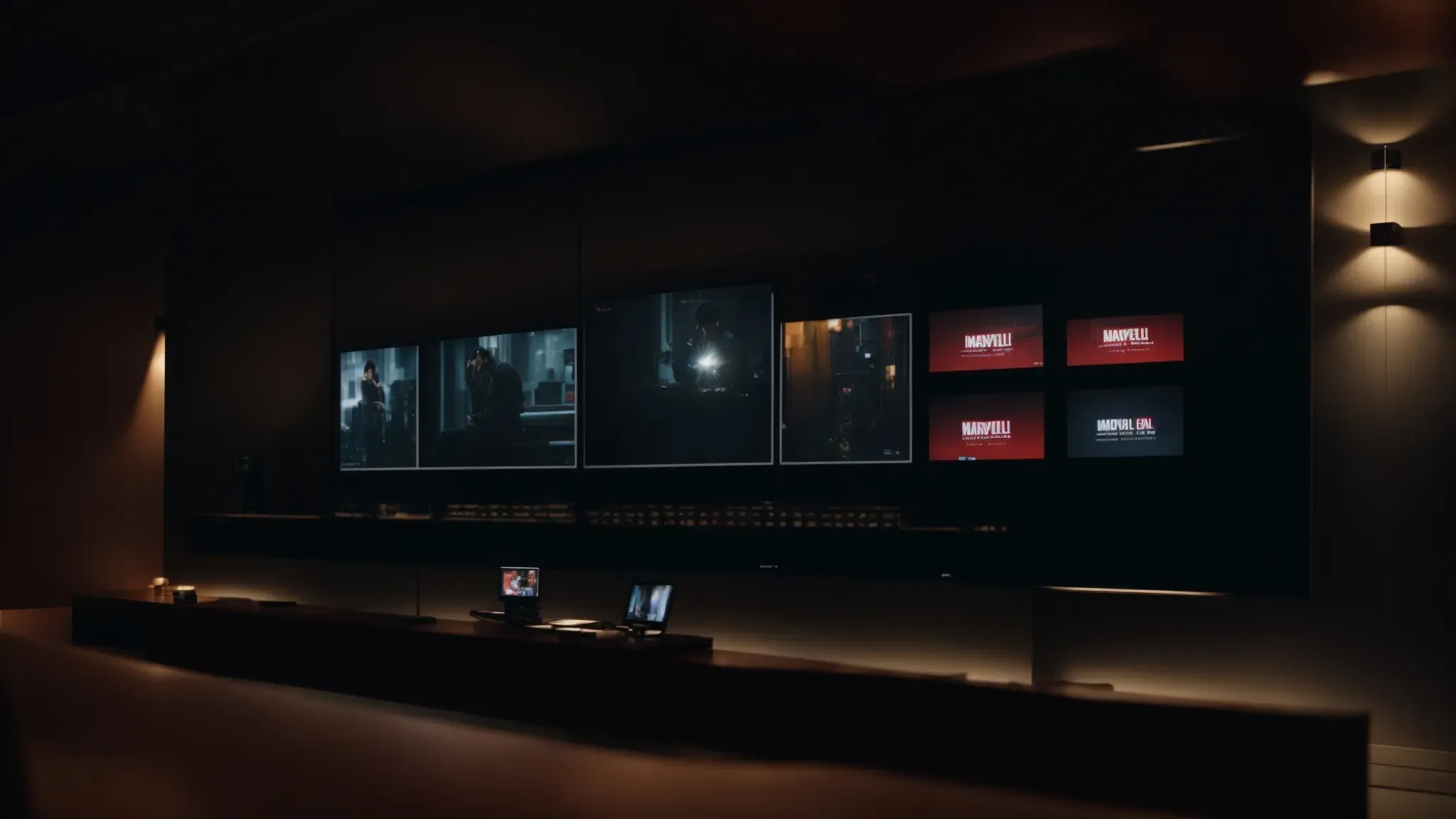 a viewer sits in a dimly lit room, with two screens showing scenes from marvel movies, one labeled 