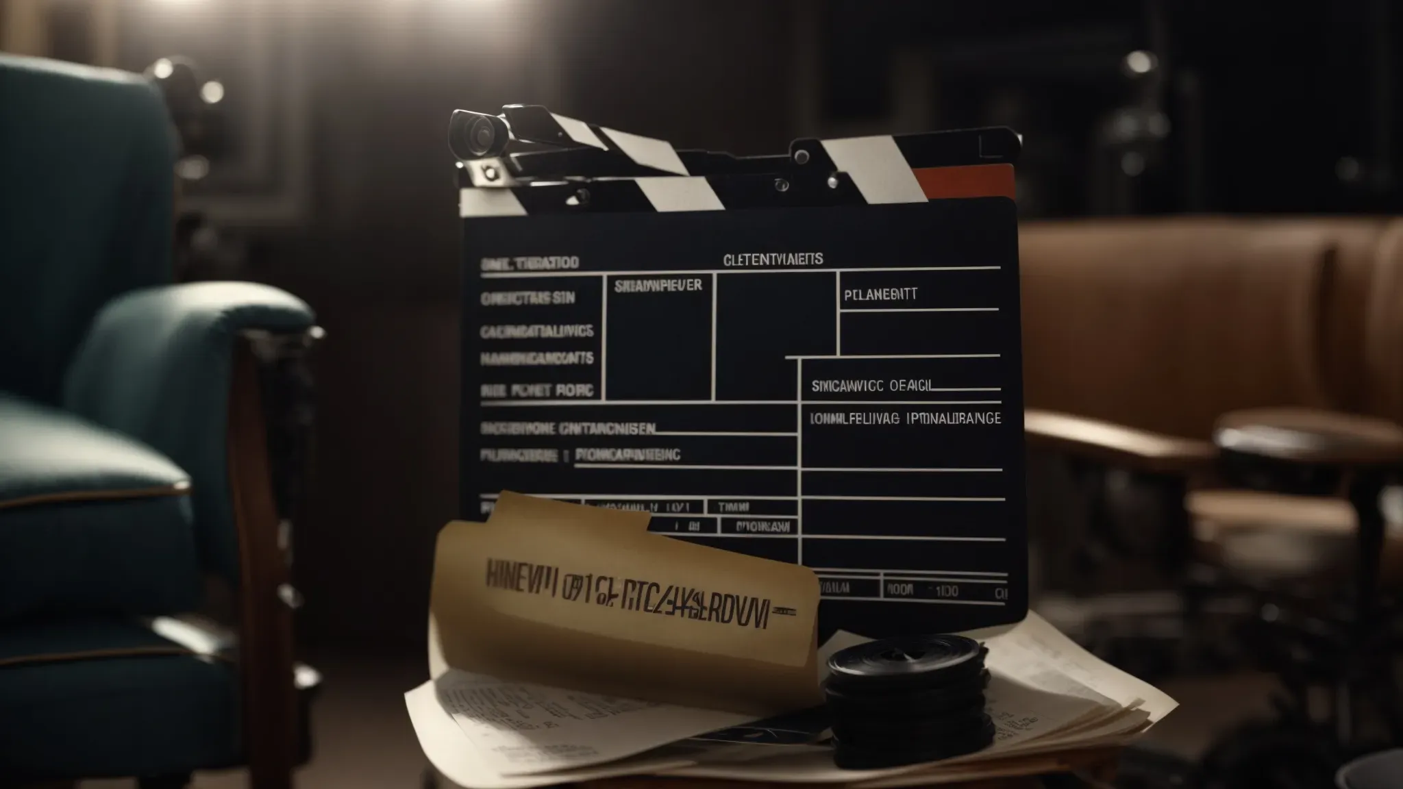 two film reels lying on top of a screenplay, with a clapperboard and director's chair visible in the background, hinting at the preparation for a movie that employs complex parallel editing techniques.