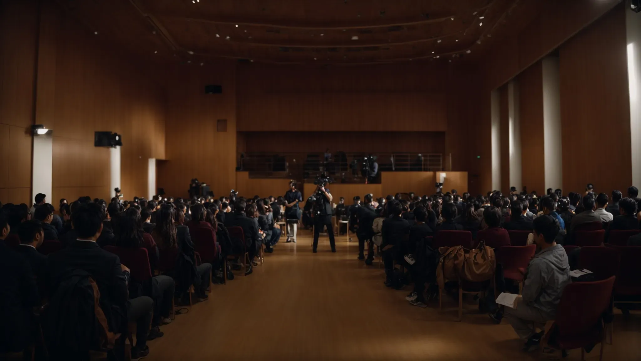 a broad, sunlit lecture hall filled with film students attentively watching a professor demonstrate a camera setup.