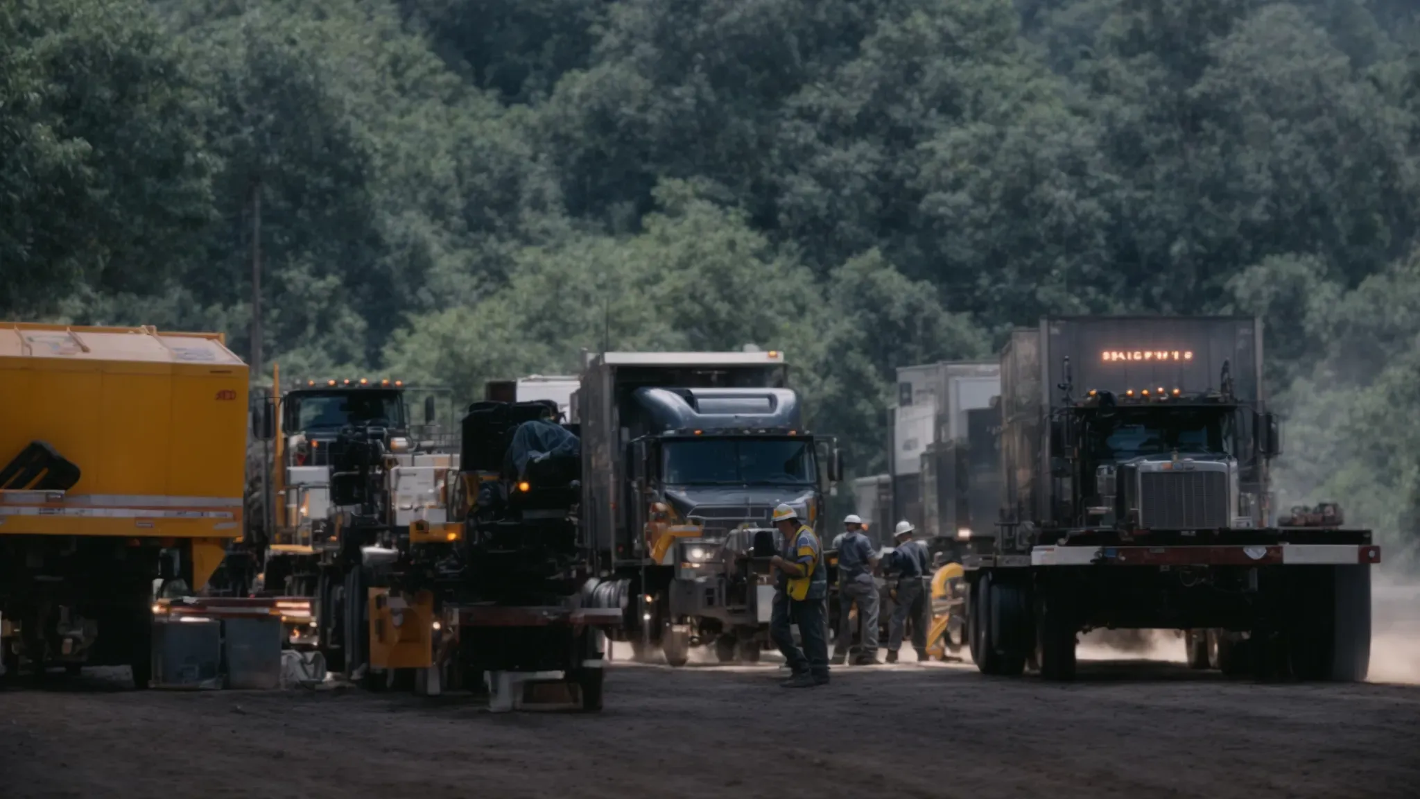 trucks loading film equipment with crew members overseeing the process.