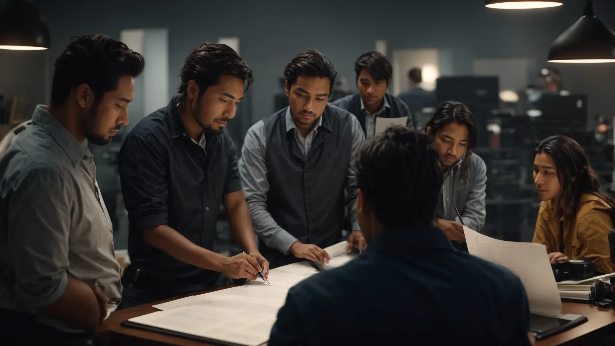 a production team congregates around a table, reviewing plans and engaging in an animated discussion.