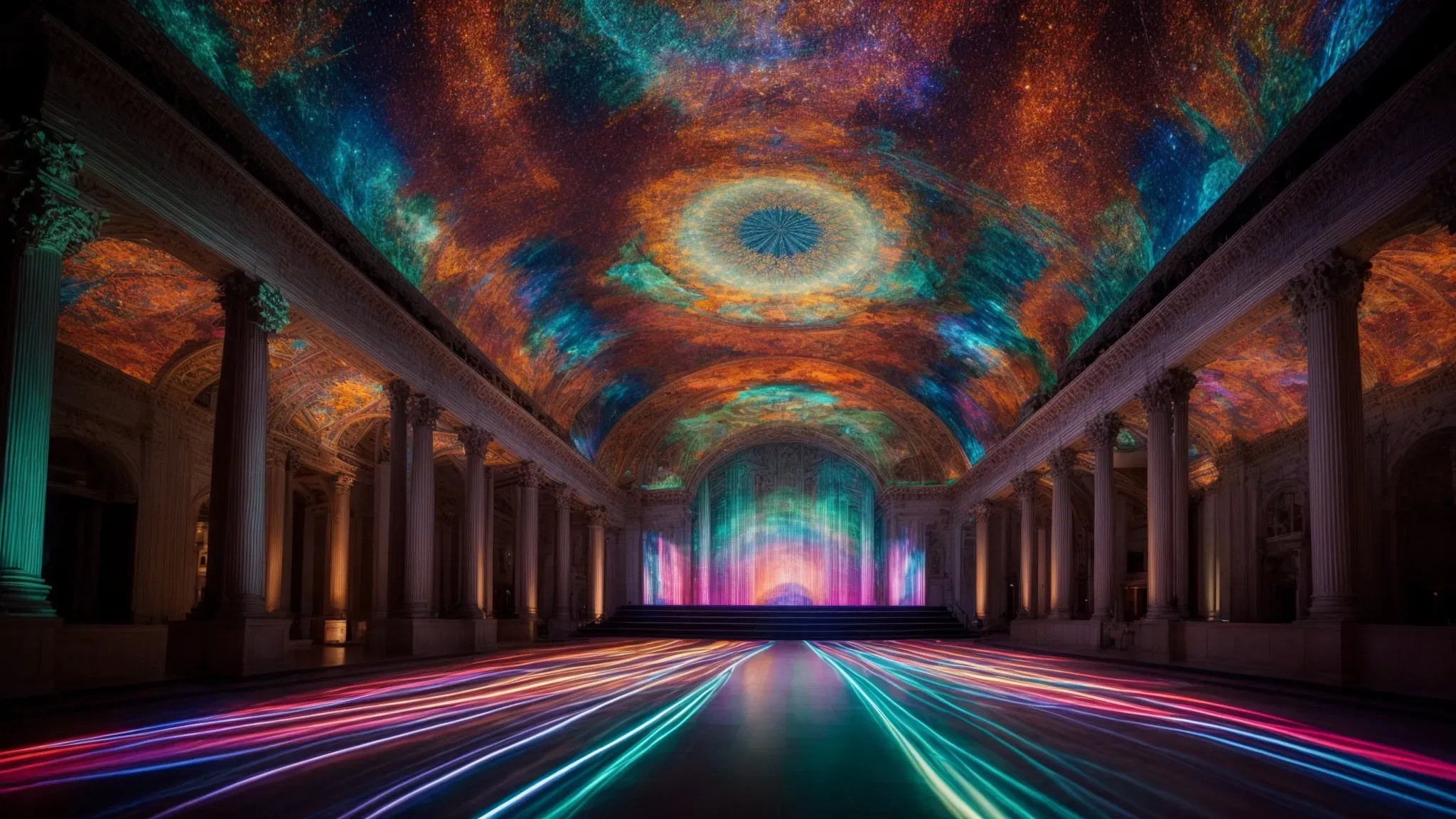 a grand hall illuminated by an intricate projection mapping display, transforming its surfaces into a vibrant tapestry of light and color.
