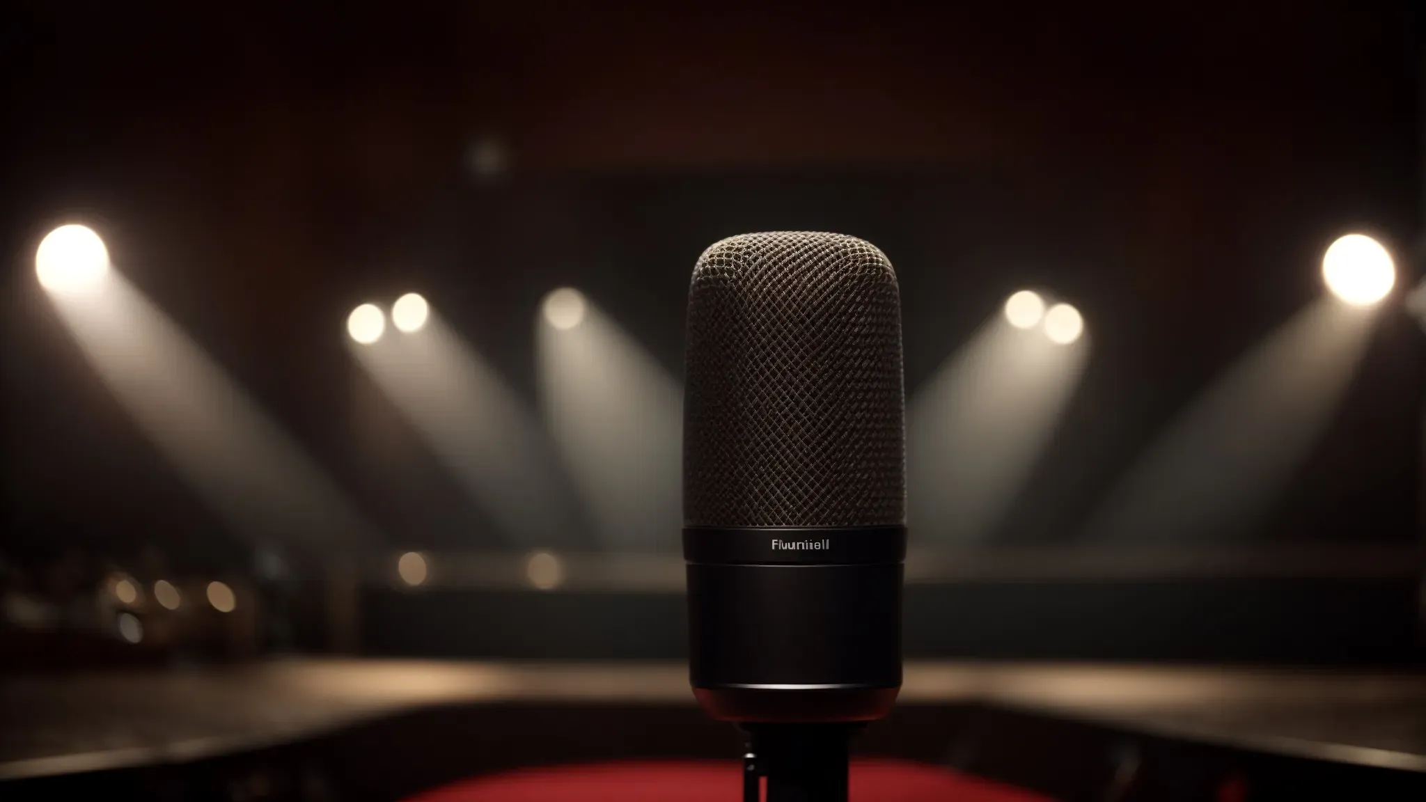 a microphone stands center stage beneath a spotlight in an otherwise dimly lit room, poised to capture the essence of a performance.