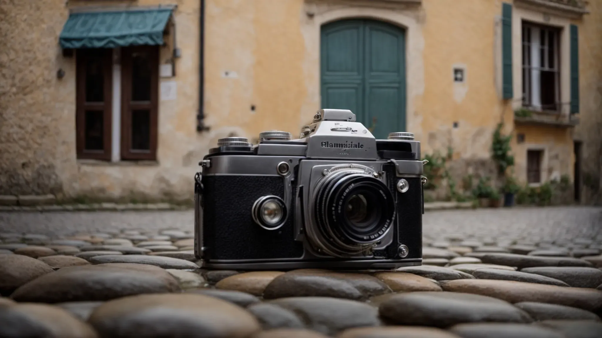 a vintage camera rests on a cobblestone street in a quaint french village, capturing the essence of an unscripted moment with film saturation techniques.