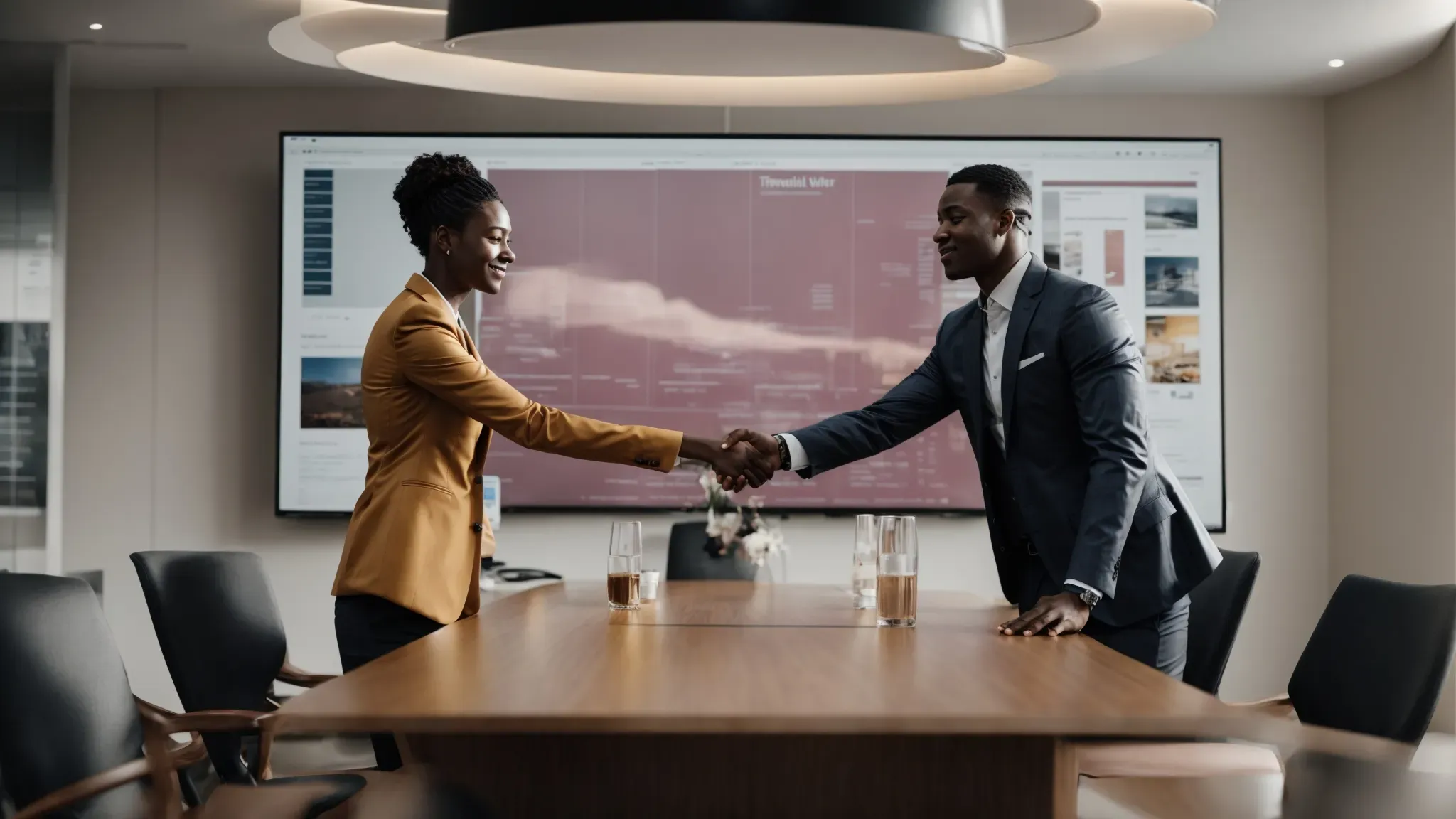 a meeting room with two individuals shaking hands across a table, surrounded by marketing materials and a digital campaign display.