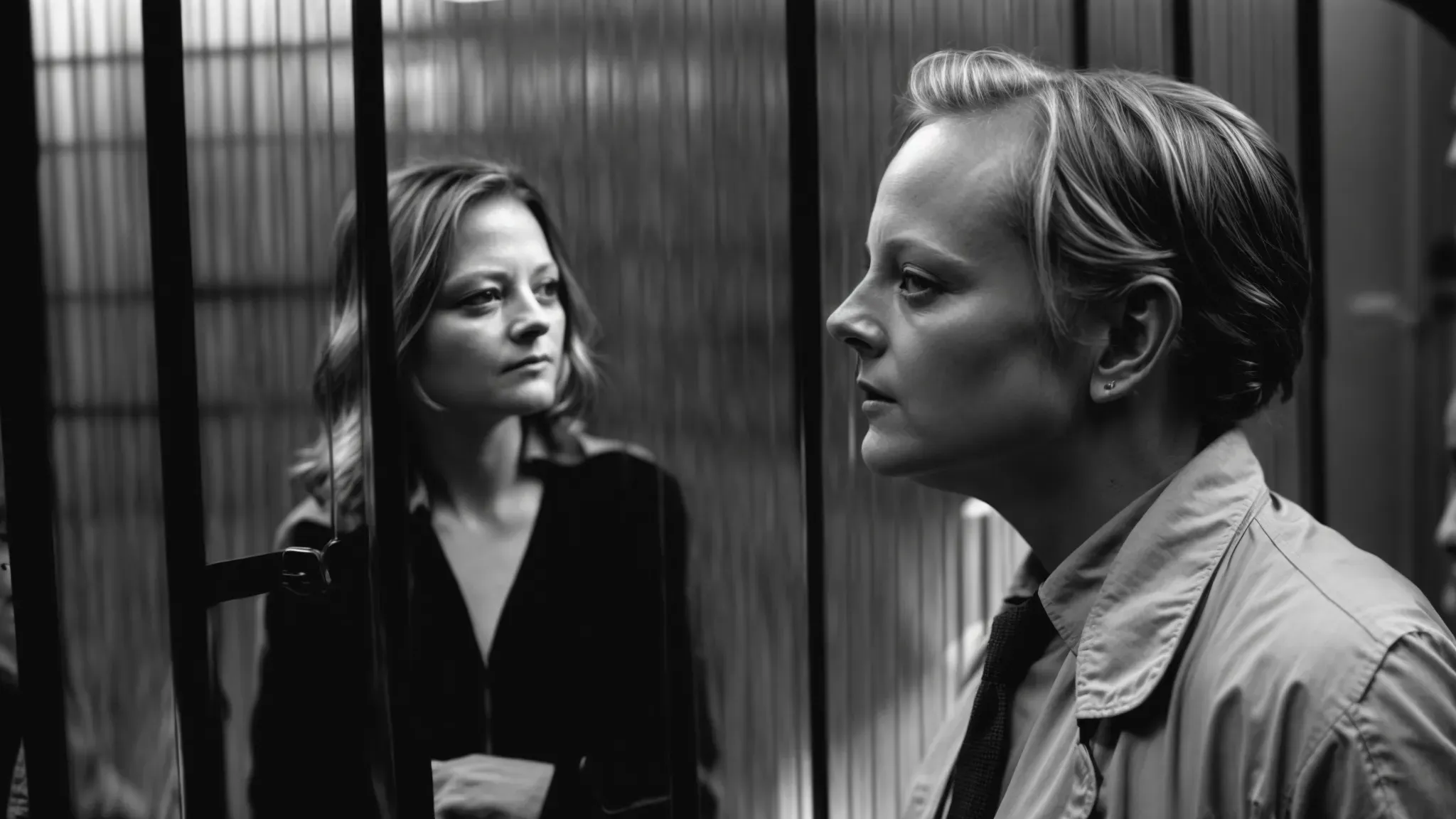 jodie foster intently converses with anthony hopkins behind prison glass, capturing the intense psychological exchange of 