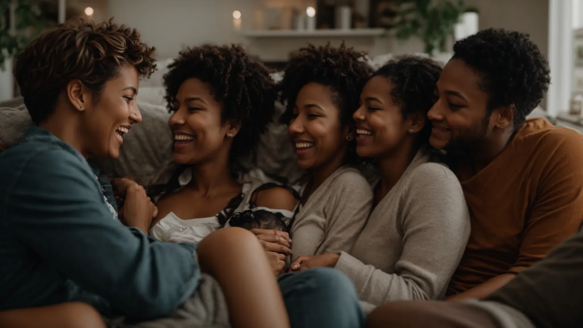 a family snuggled together on a couch, laughing and watching a movie whose characters are mid-adventure.