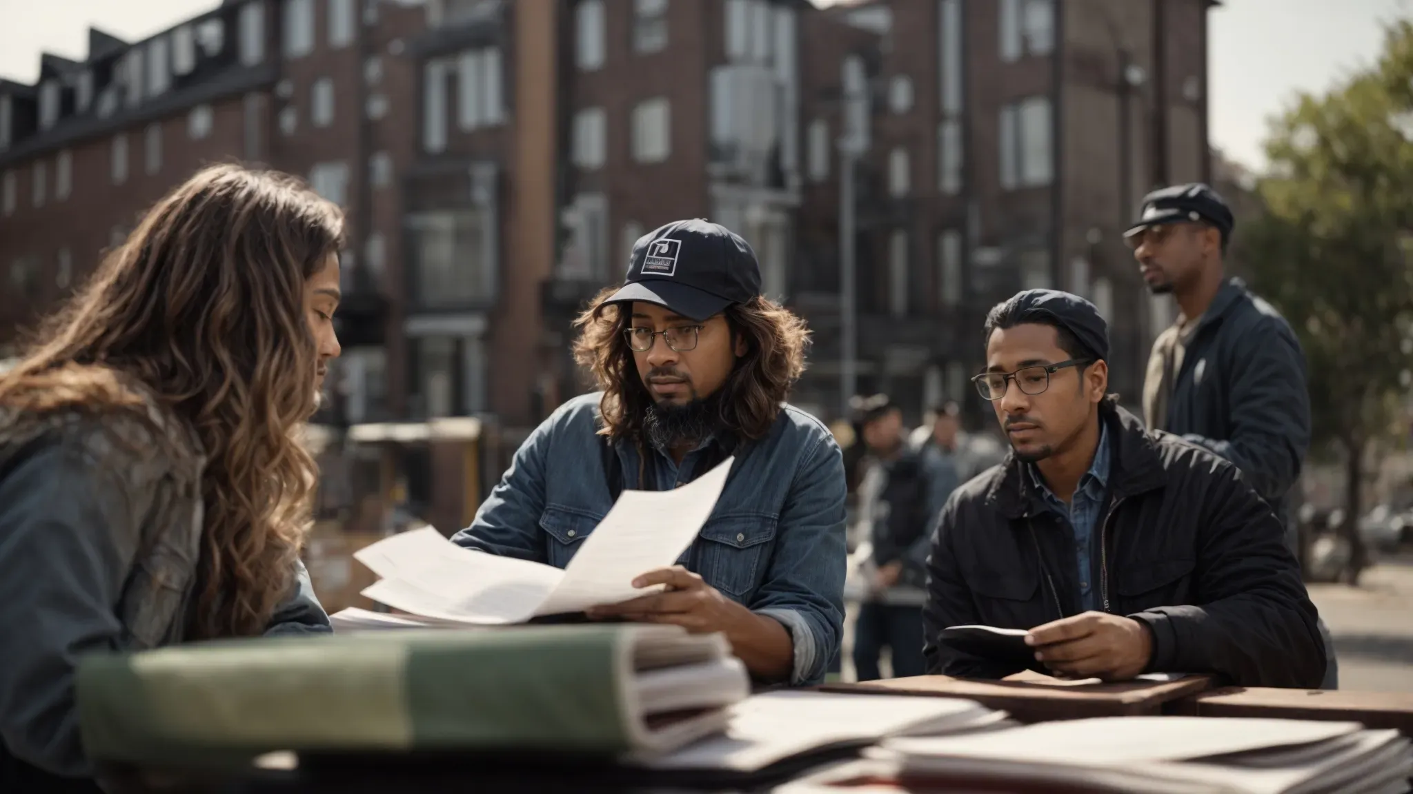 a filmmaker confidently discussing paperwork with a property owner in an urban setting, with the crew setting up equipment in the background.