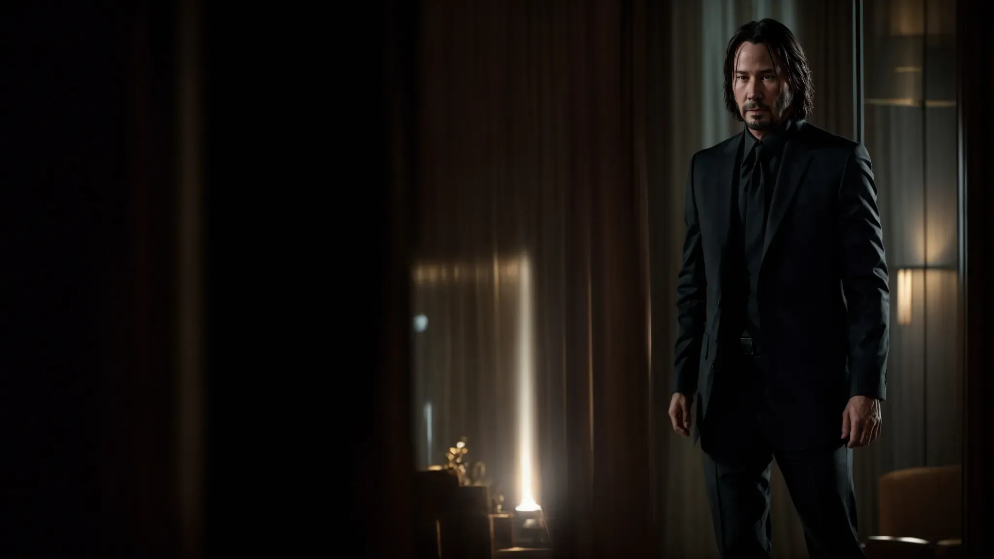 keanu reeves, as john wick, stands in a dimly lit room, face obscured by shadow, with a blurred background suggesting motion and chaos.