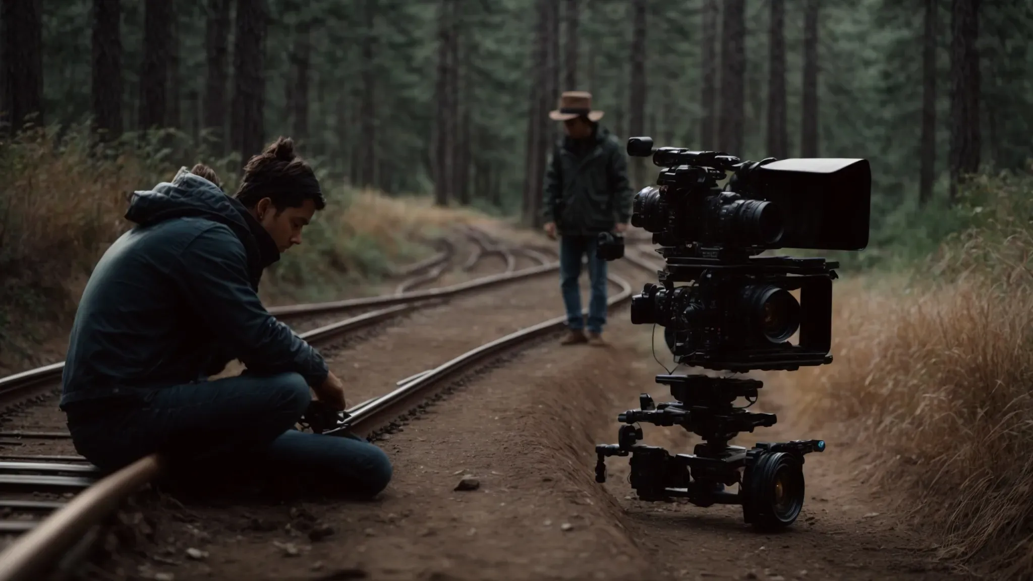a filmmaker carefully maneuvers a camera on a dolly along a track, capturing a dynamic scene on a film set.