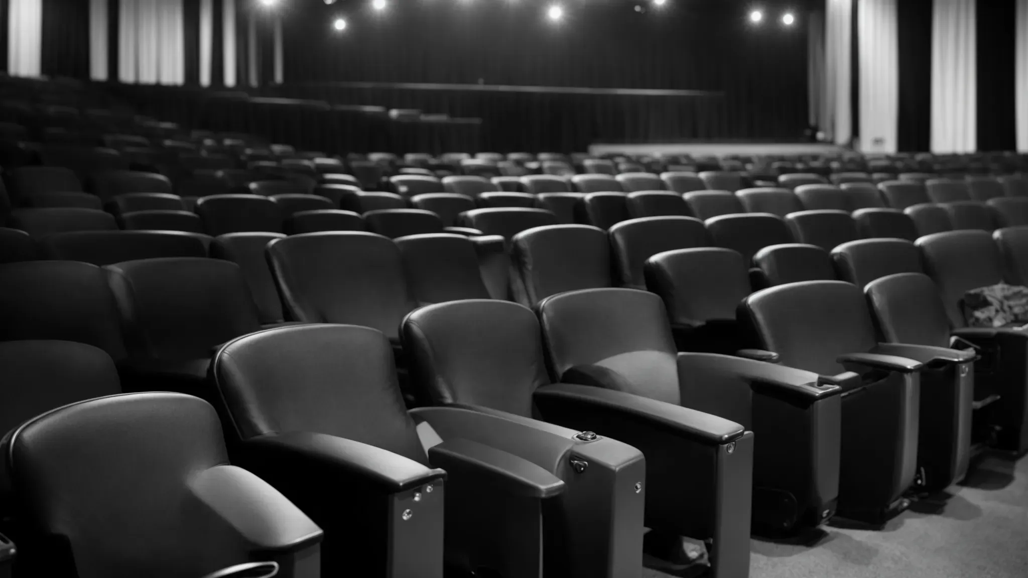 a black and white photo of vintage cinema seats with an empty stage in the background, hinting at past performances by legendary supporting actors.